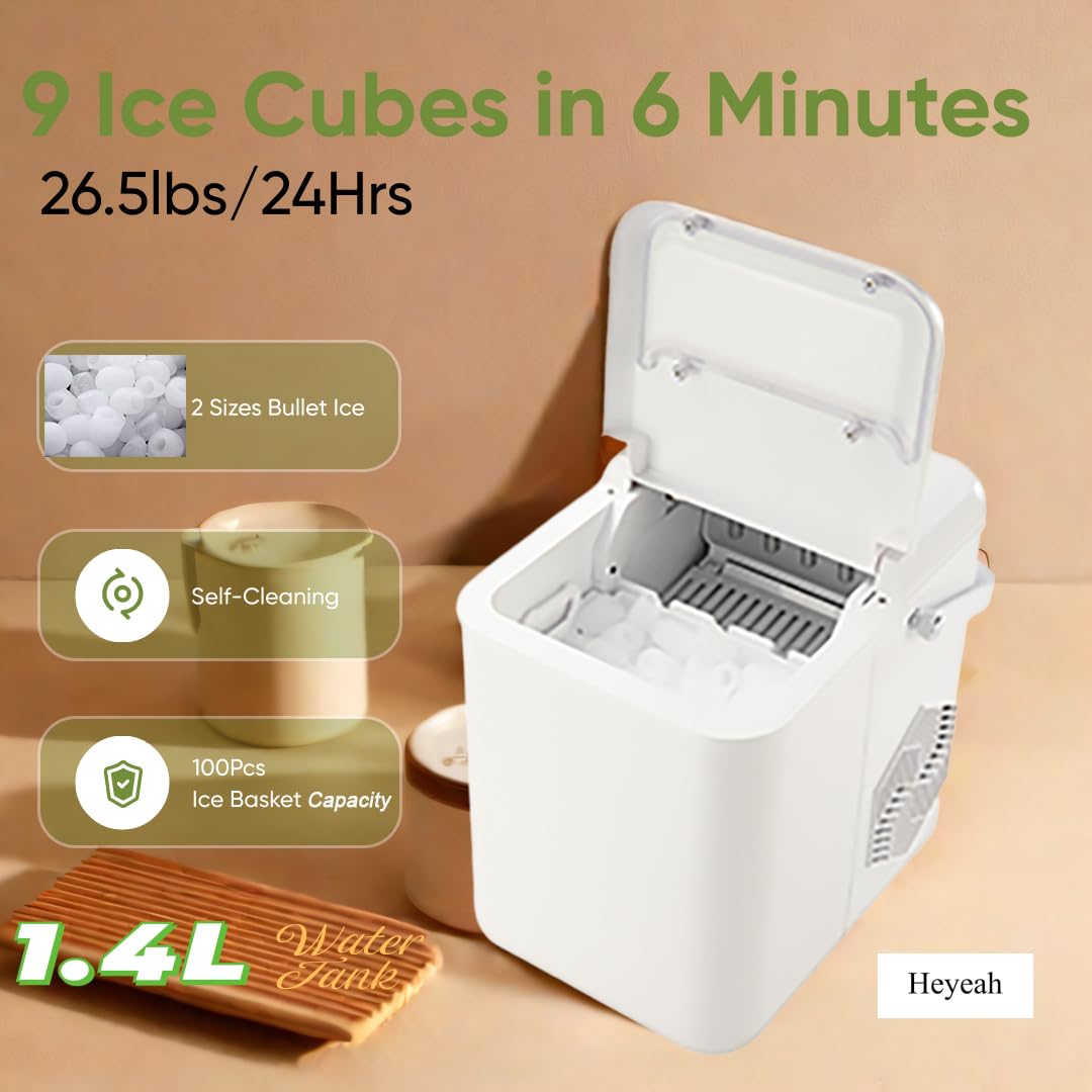 Portable Countertop Ice Maker Machine - 9 Ice Cubes in 6 Minutes, 26.5lbs/24Hrs, 2 Sizes Bullet Ice, Self-Cleaning with Ice Scoop & Basket - Perfect for Home, Kitchen, Office, Parties, and Outdoor Gatherings