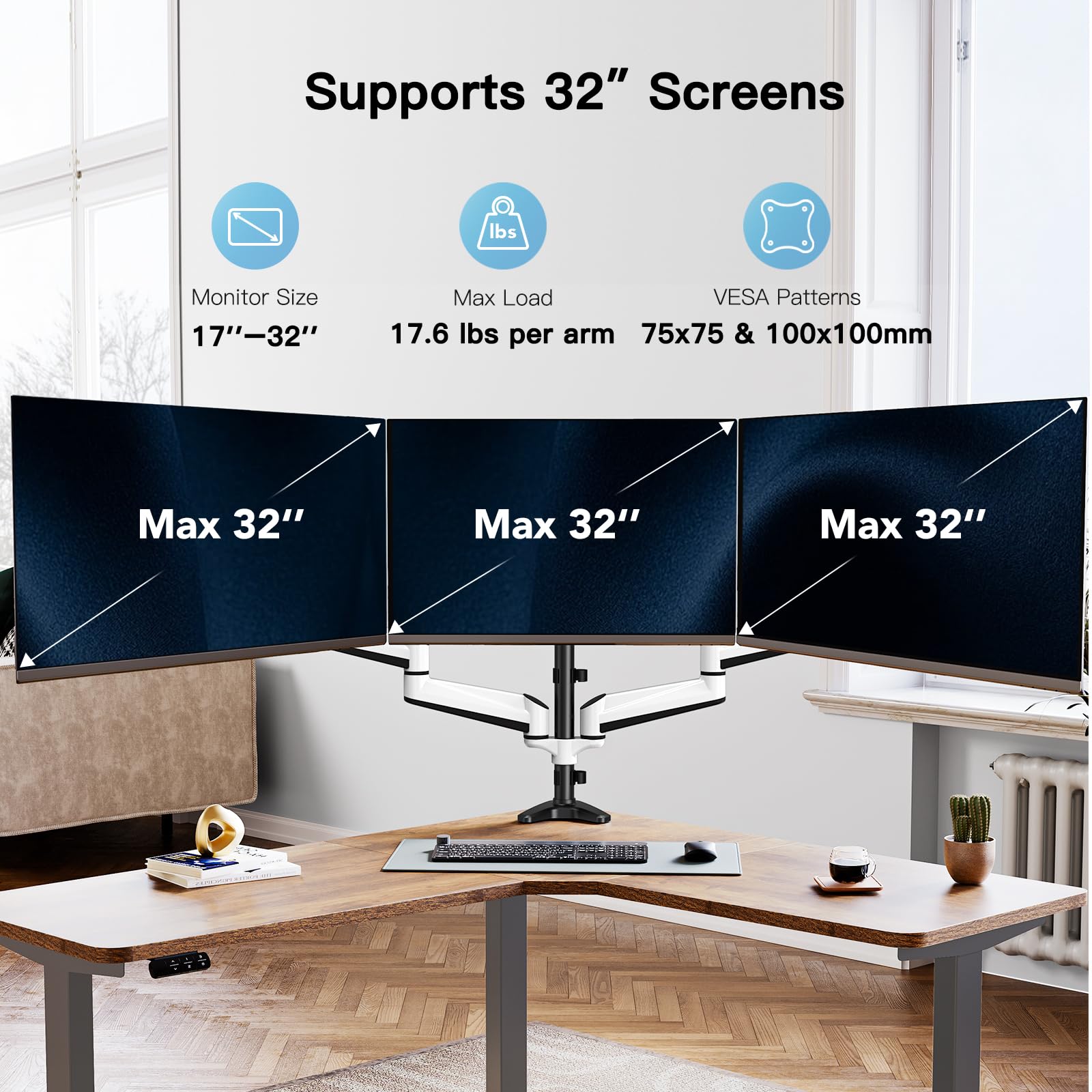 HUANUO Triple Monitor Stand - Adjustable Full Motion Gas Spring Mount for 3 Monitors 17-32 inches, Heavy Duty Clamp & Grommet Kit - Perfect for Gaming, Office Work & Multi-Tasking Setup