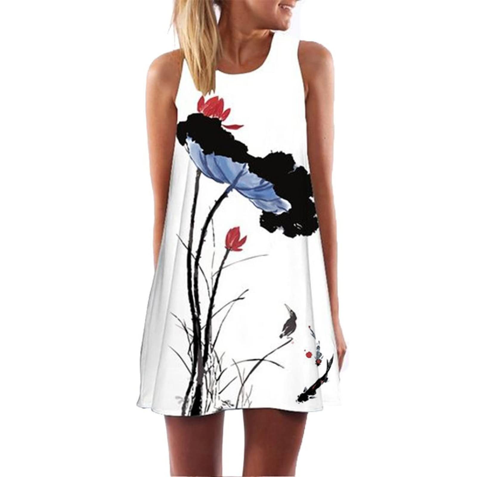 iQKA Women's Summer Casual Dress - Bohemian Butterfly Print Sleeveless Round Neck Mini Tank Dress for Beach, Vacation & Outdoor Activities