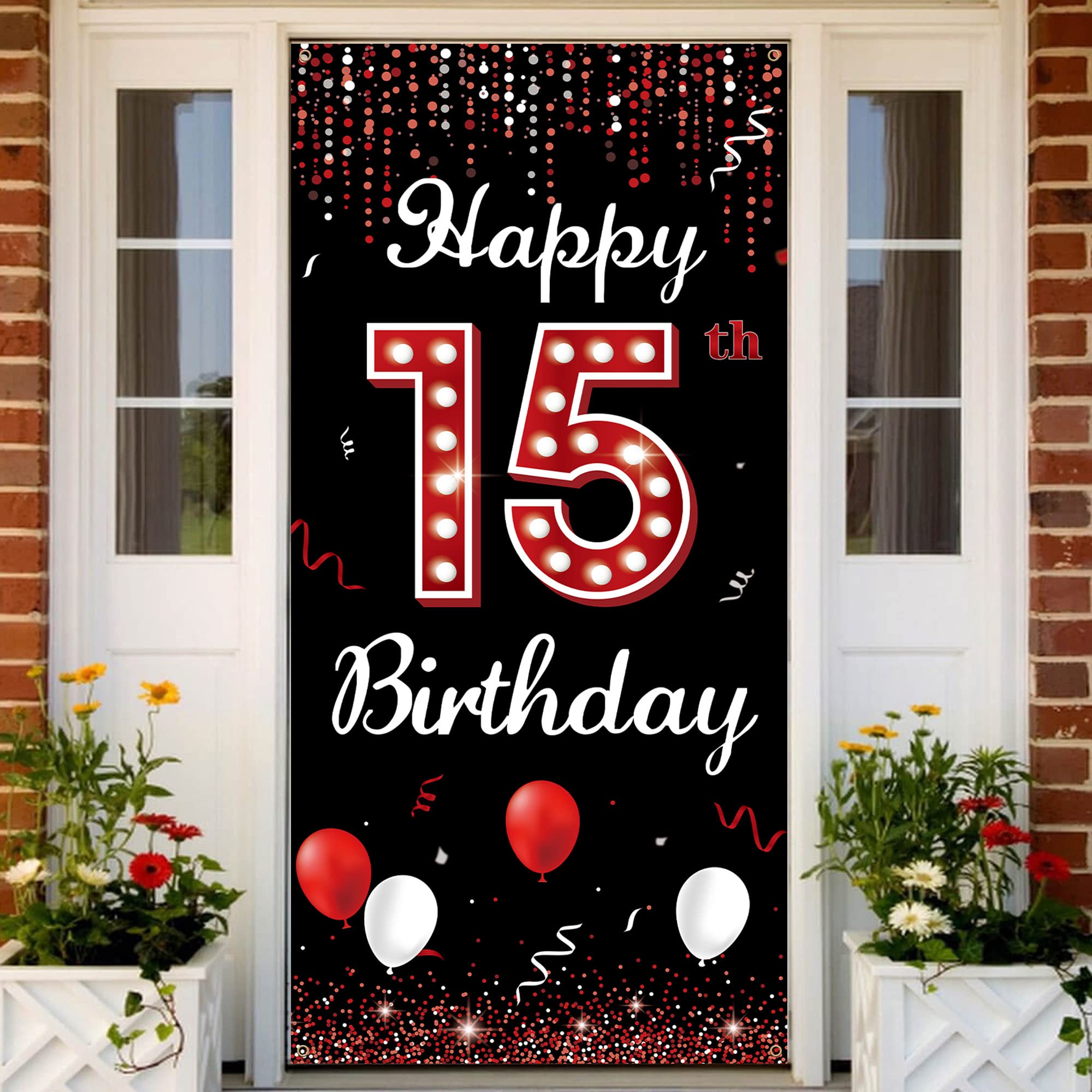 Happy 15th Birthday Decorations - Red & Black XV Birthday Banner Backdrop for Girls | Photo Booth Props & Yard Sign for Indoor/Outdoor Parties | Durable Fabric Decor by Vicycaty | Perfect for Sweet 16 Pre-Parties, Quinceañeras & Teen Celebrations