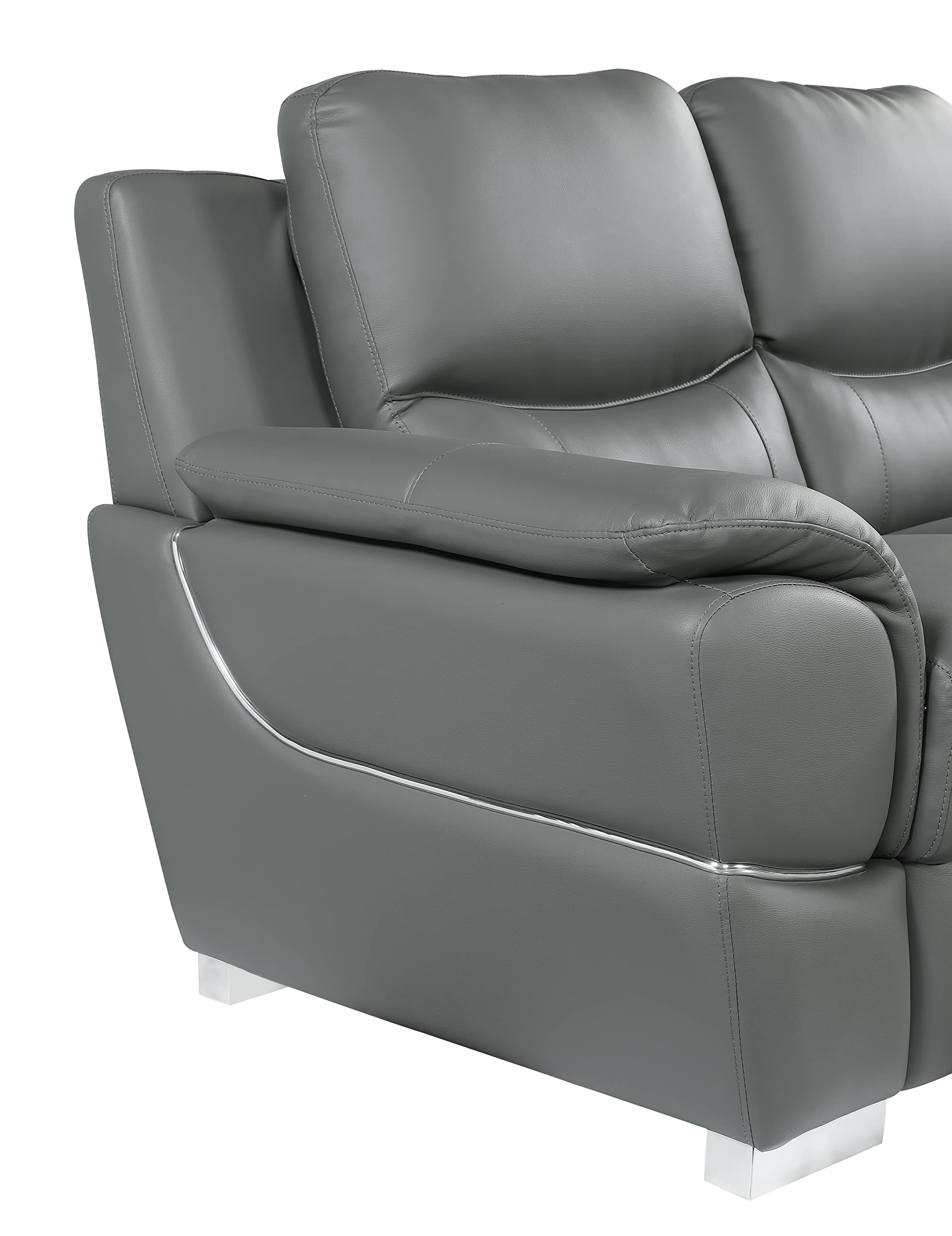 Binion Modern Genuine Leather Loveseat - 1-Piece Upholstered Sofa with Padded Headrest, Wide Arms & Chrome Accents for Living Room - Elegant Gray Leather Couch for Small Spaces, Apartments & Cozy Home Decor
