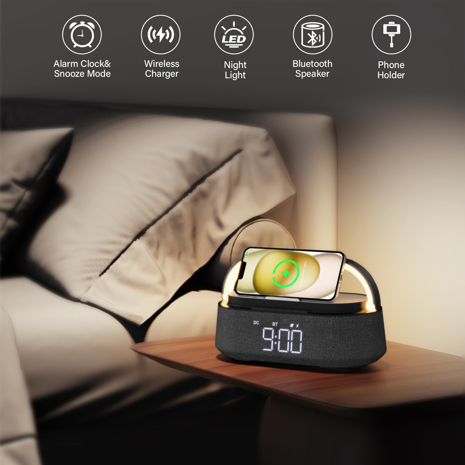 FREEFISH Bluetooth Speaker with Wireless Charger - 15W Fast Charging, FM Radio, Adjustable LED Night Light, Dual Wireless Pairing, Bluetooth 5.0 - Perfect for Home, Office, Travel & Outdoor Adventures