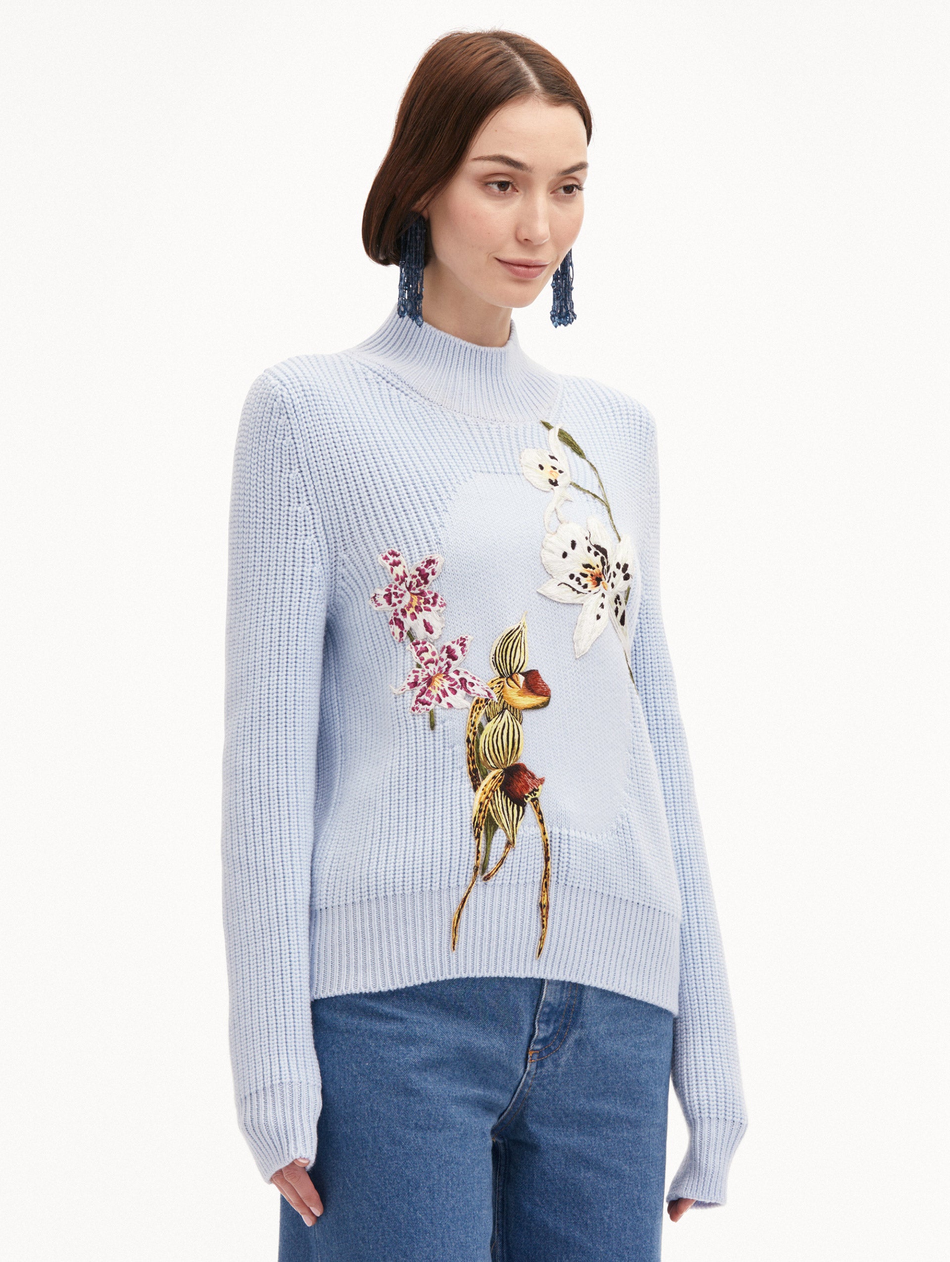 Orchid Embroidered Portrait Pullover Sweater - Elegant Floral Embroidered Women's Casual Knit Top for Fall & Winter | Perfect for Office Wear, Date Nights & Special Occasions
