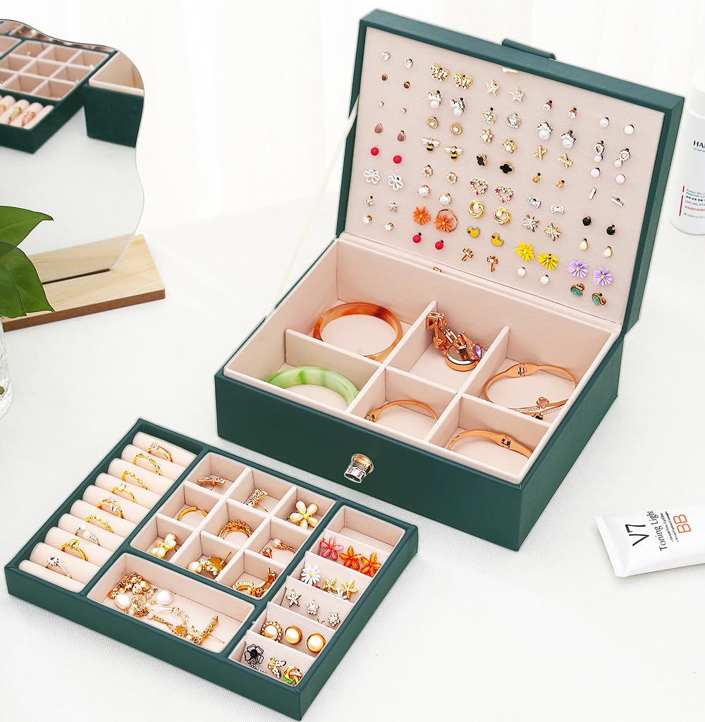 Women's Jewelry Organizer Box - Green Earring Holder & Storage Case for Studs, Hoops, Dangles - Perfect for Travel, Home, and Gift Giving