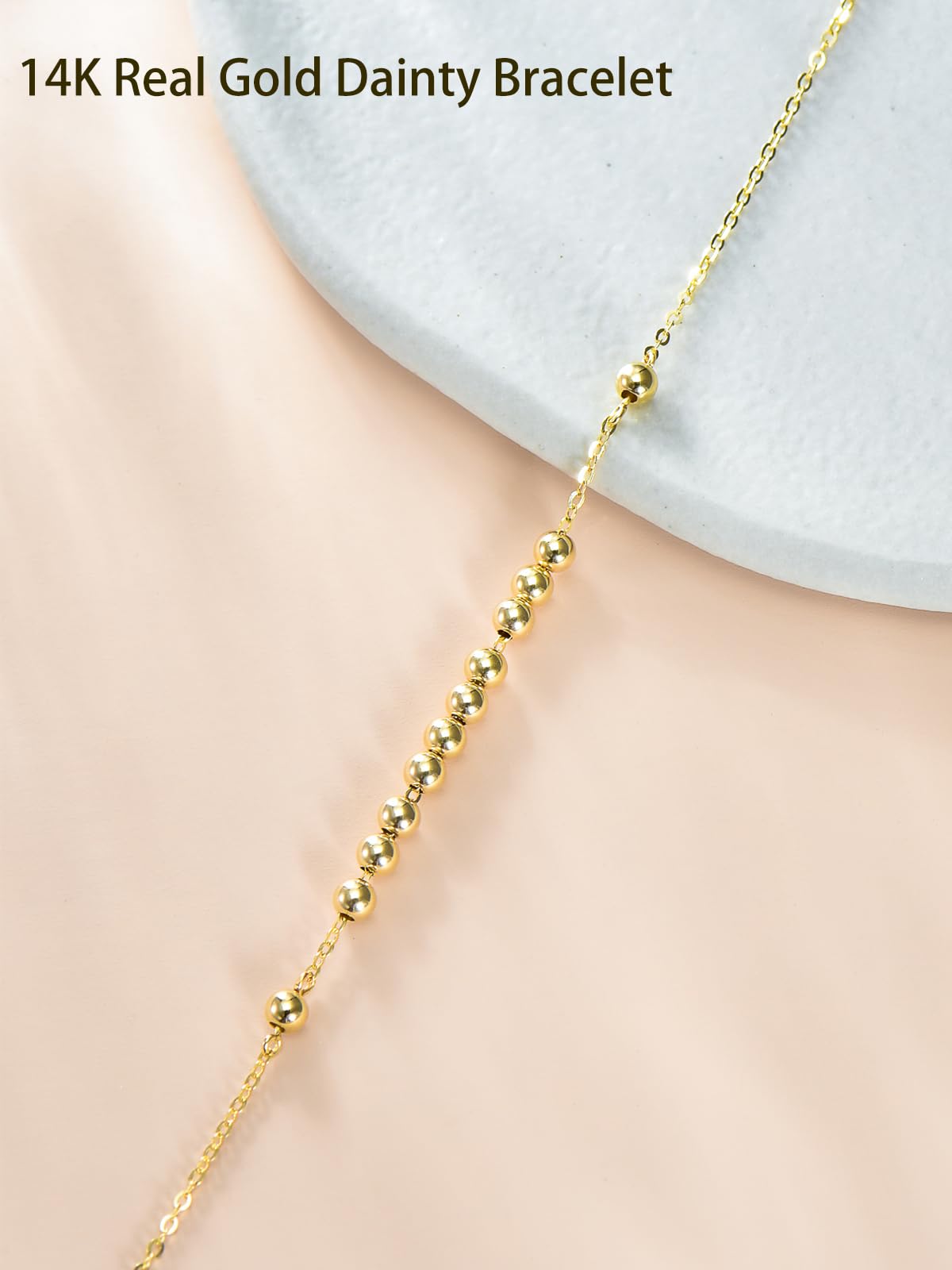 14K Solid Gold Beaded Bracelet for Women - Adjustable Real Yellow Gold Link Bracelet - Perfect Jewelry Gift for Her - Ideal for Weddings, Parties & Everyday Wear