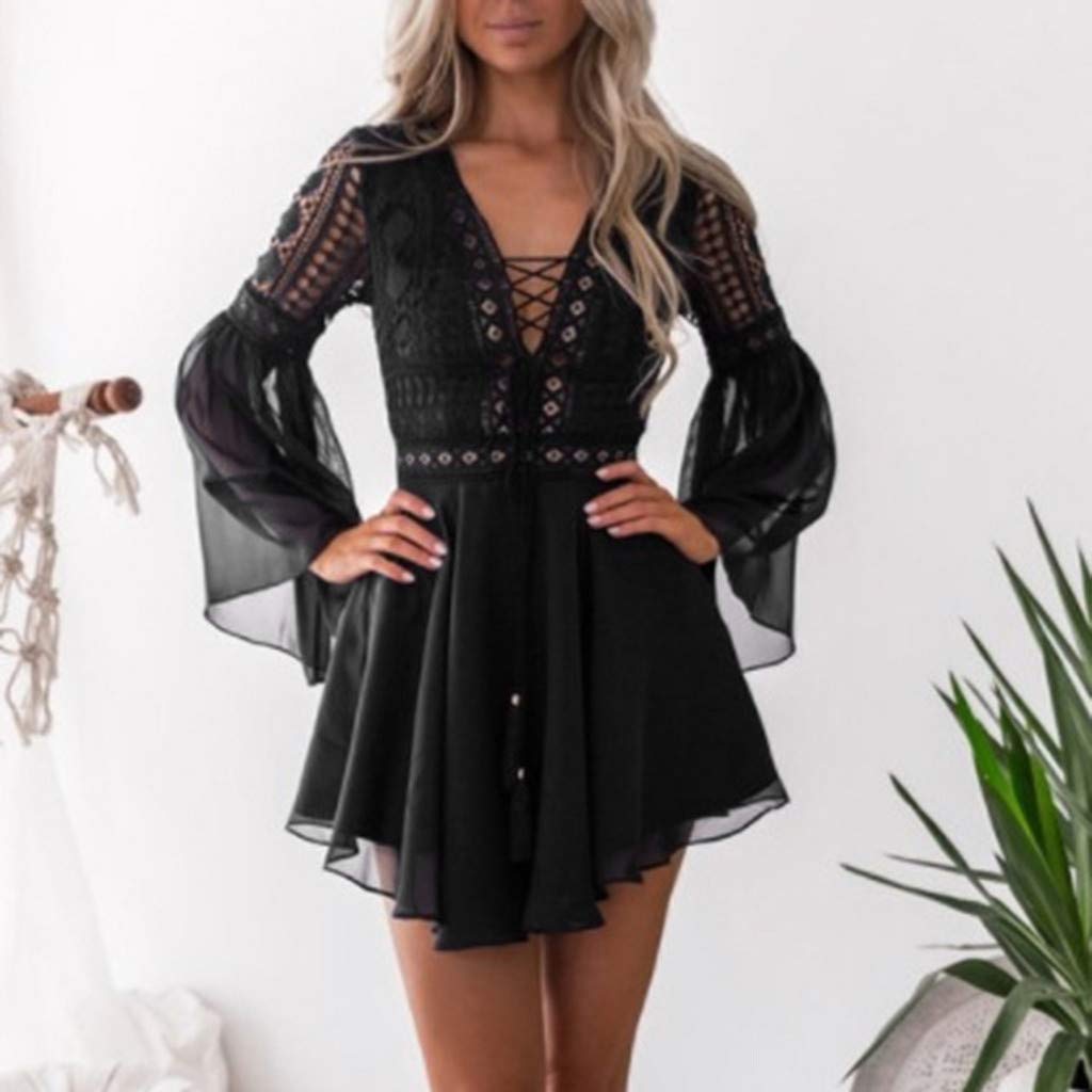 Sexy Black Bodycon Dress for Women - Lace Long Sleeve Bandage Midi Dress, Cocktail & Party Pencil Dress | Perfect for Club Nights, Date Nights & Special Occasions
