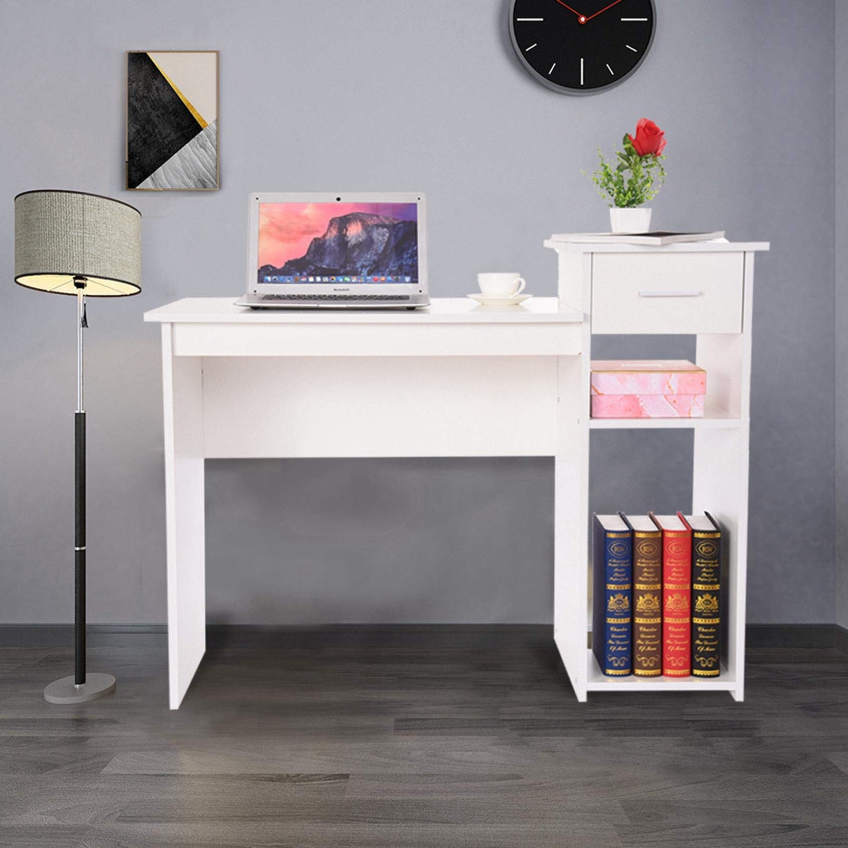 Modern Minimalist Small Computer Desk with Drawers - Home Office Desk, Dorm Study Desk & Laptop Writing Table (White) - Perfect for Small Spaces, Remote Work & Student Dorm Rooms