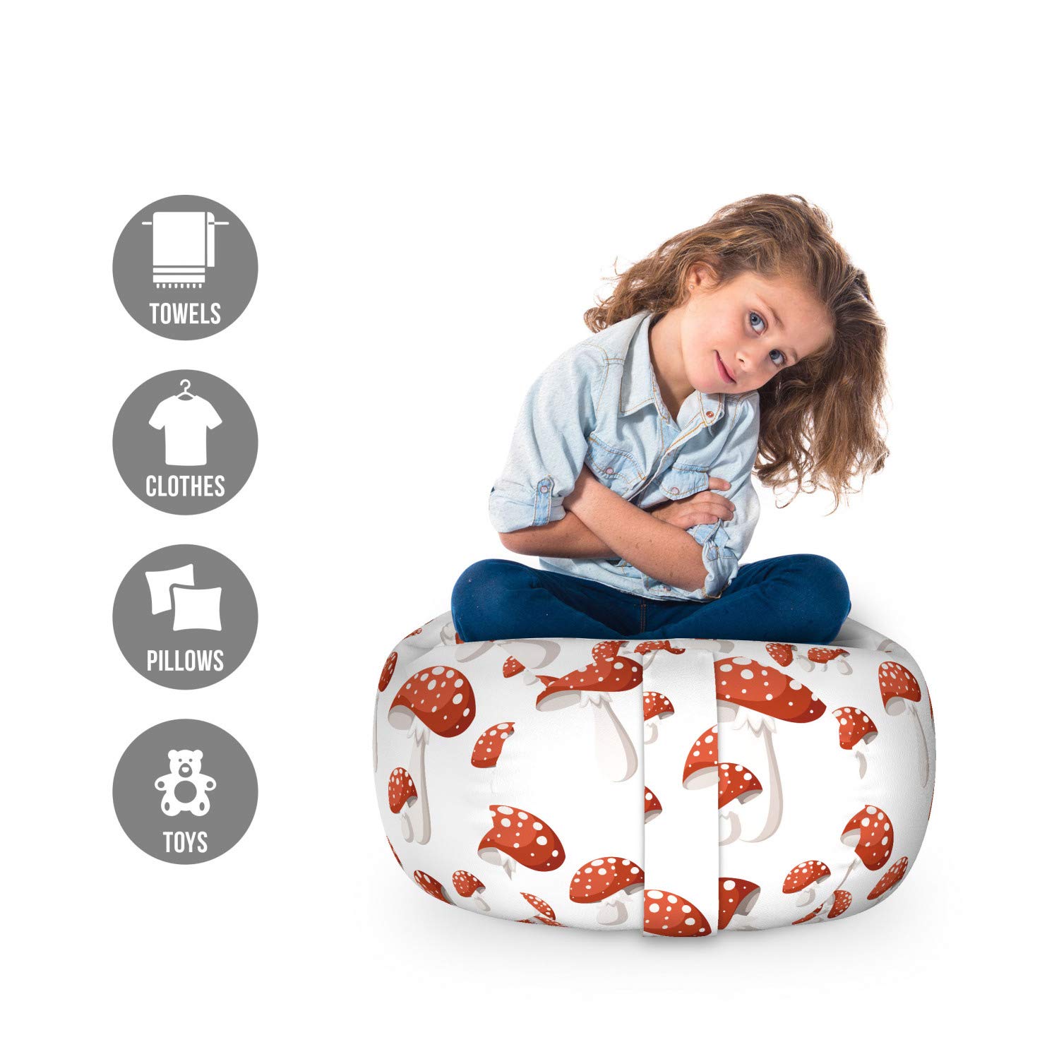 Ambesonne Cartoon Amanita Muscaria Mushroom Toy Storage Bag Chair - Small Washable Stuffed Animal Organizer in Rust Orange - Perfect for Kids' Room, Playroom & Nursery Organization