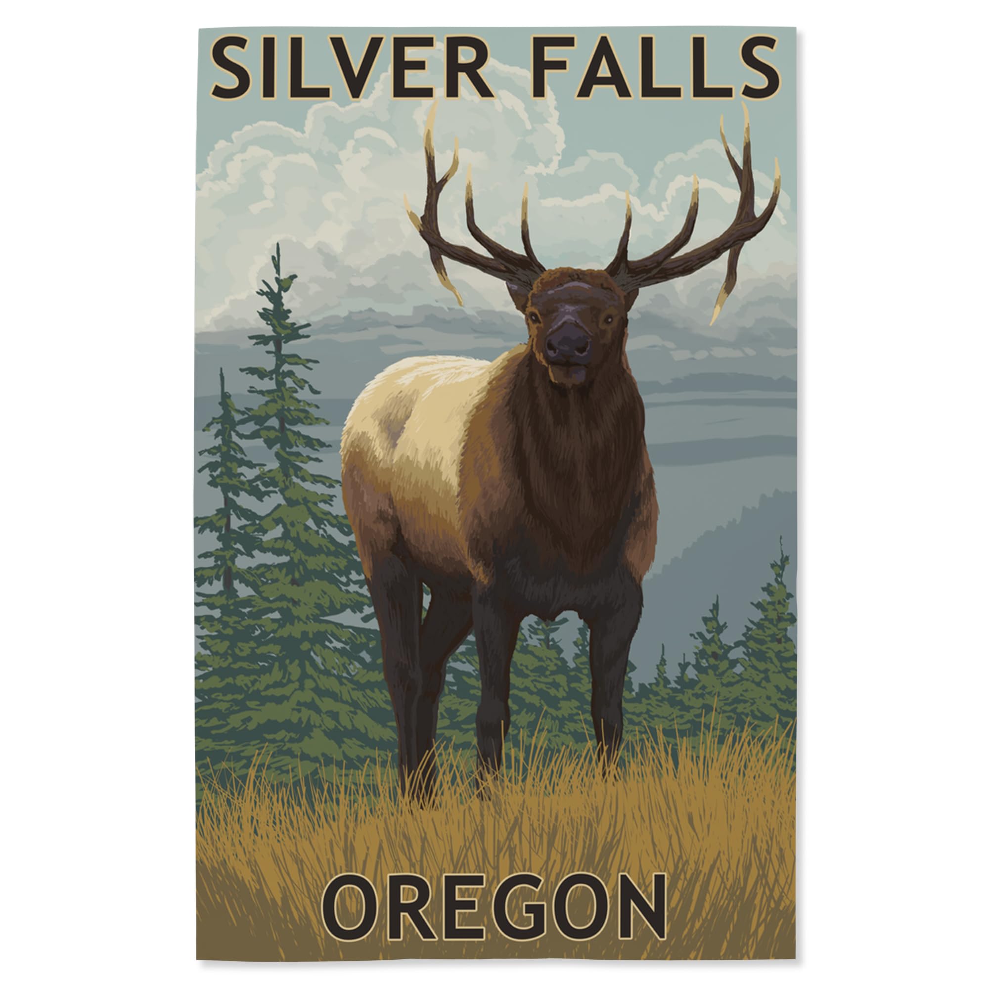 Lantern Press 16x24 Inch Giclee Art Print - Silver Falls State Park Oregon Landscape with Elk - Wall Decor for Living Room, Bedroom & Office