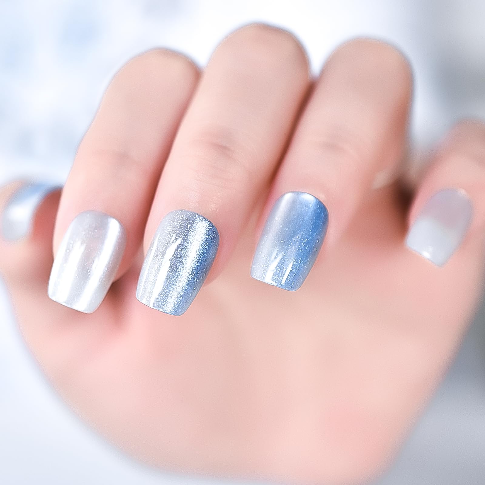30pcs Ombre Blue Press On Fake Nails - Coffin Squoval Medium Length Acrylic False Nails with Silver Cat Eye Design, Reusable Glue On Nails for Women & Girls - Perfect for Salon Manicure, Parties, Weddings & Daily Wear
