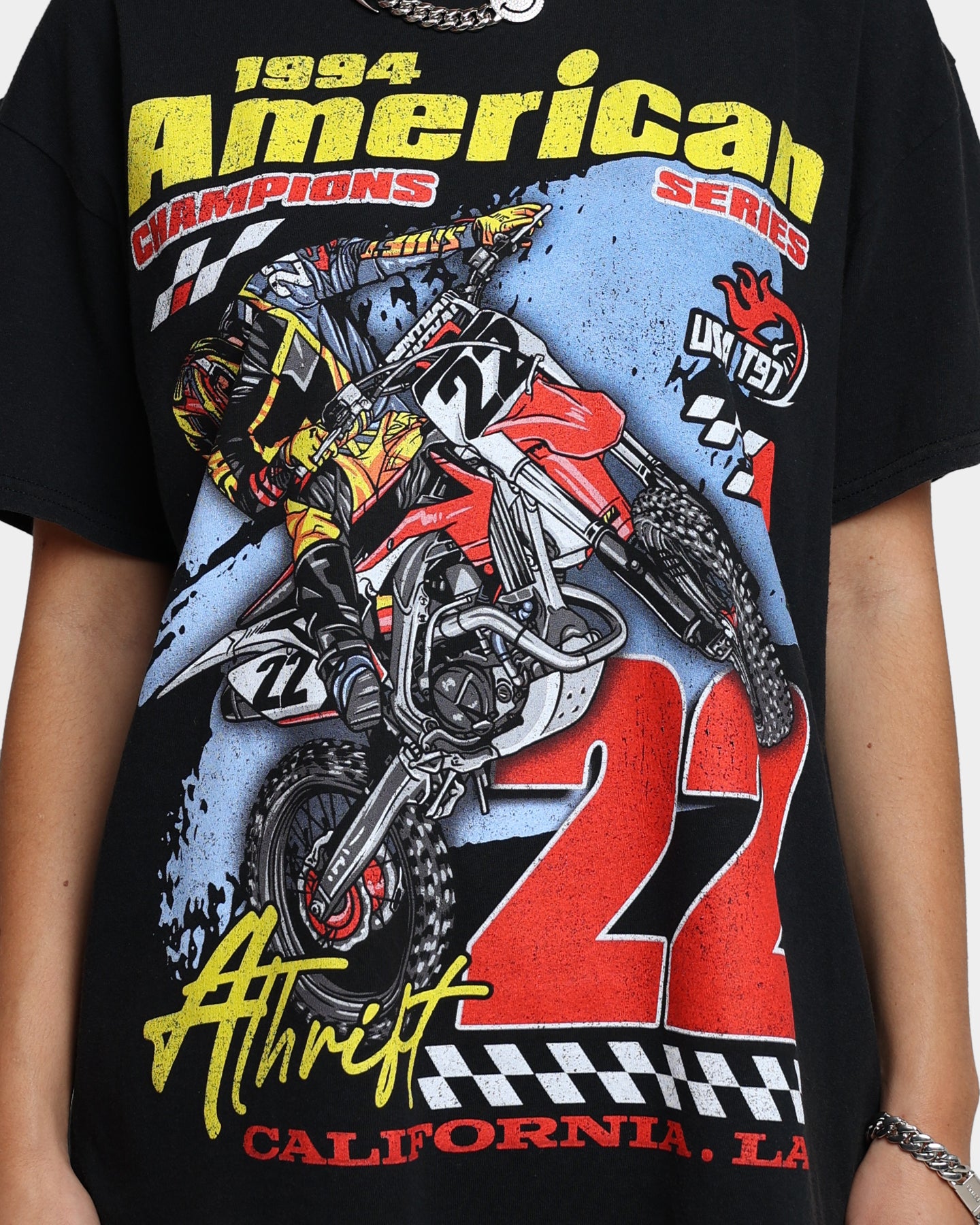 Vintage American Thrift Dirt Bike Graphic T-Shirt - Off Black | Motorcycle Enthusiast Apparel for Riding & Casual Wear