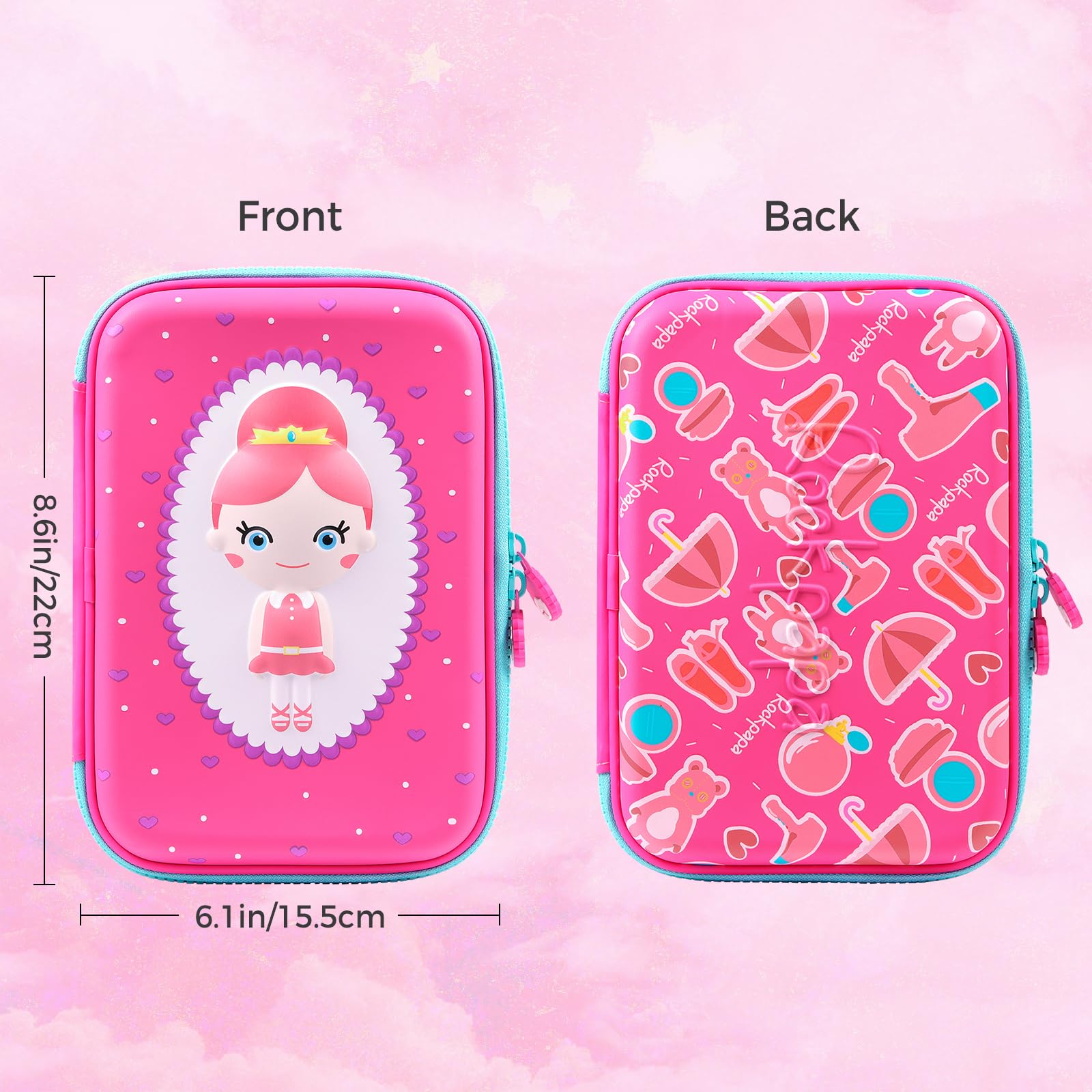 Rockpapa Large Capacity Princess Pencil Case - Cute Pencil Box & School Supply Organizer for Girls, Teens, Kids & Toddlers (Pink) - Perfect for School, Home & Travel Use