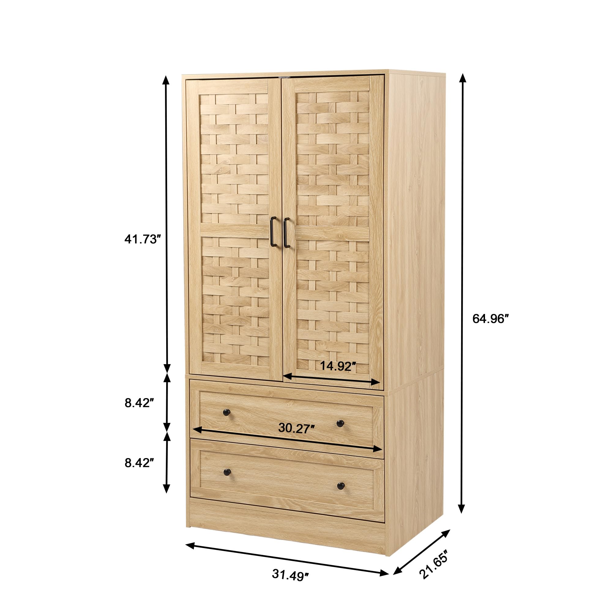 LEVNARY Armoire Wardrobe Closet - Freestanding Oak Cabinet with 2 Woven Doors, 2 Storage Drawers & Hanging Rail | Perfect for Bedroom, Guest Room or Dorm Organization & Clothes Storage (Natural Oak Finish)