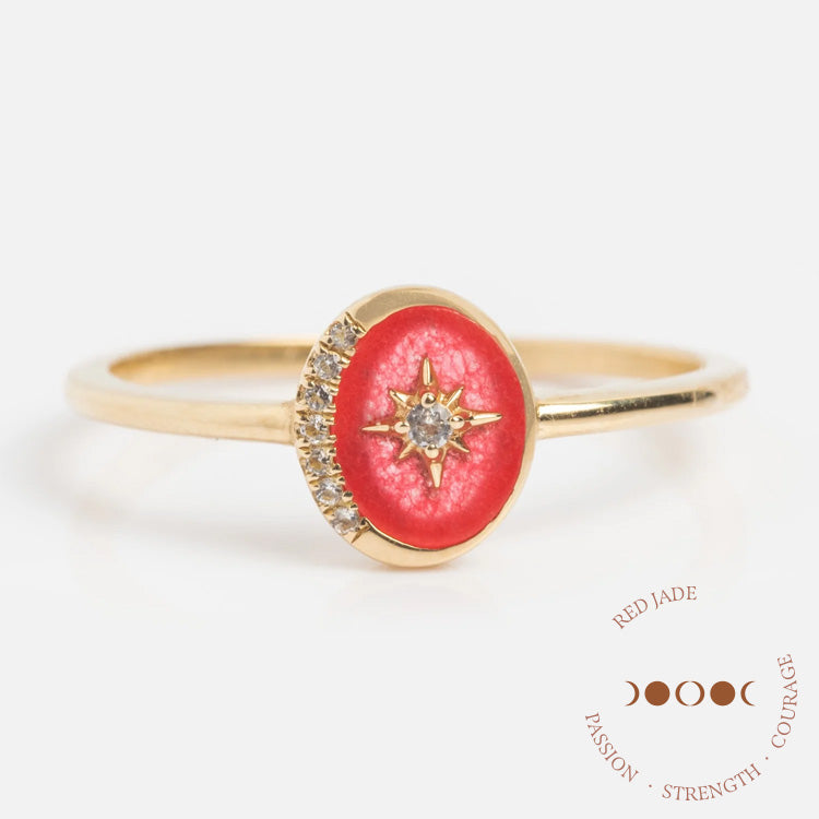Solid Gold Crystal Crescent Moon Ring for Manifestation & Spiritual Healing - Perfect for Meditation, Yoga, and Gift Giving