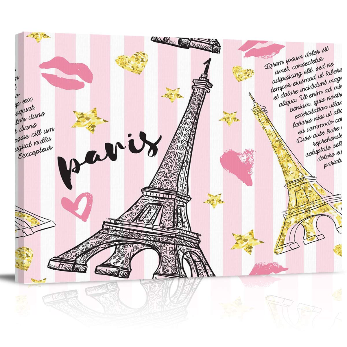 Golden Paris Eiffel Tower Oil Painting - Pink Lips & Heart Wall Art for Bedroom Decor (36x24in) | Ready to Hang