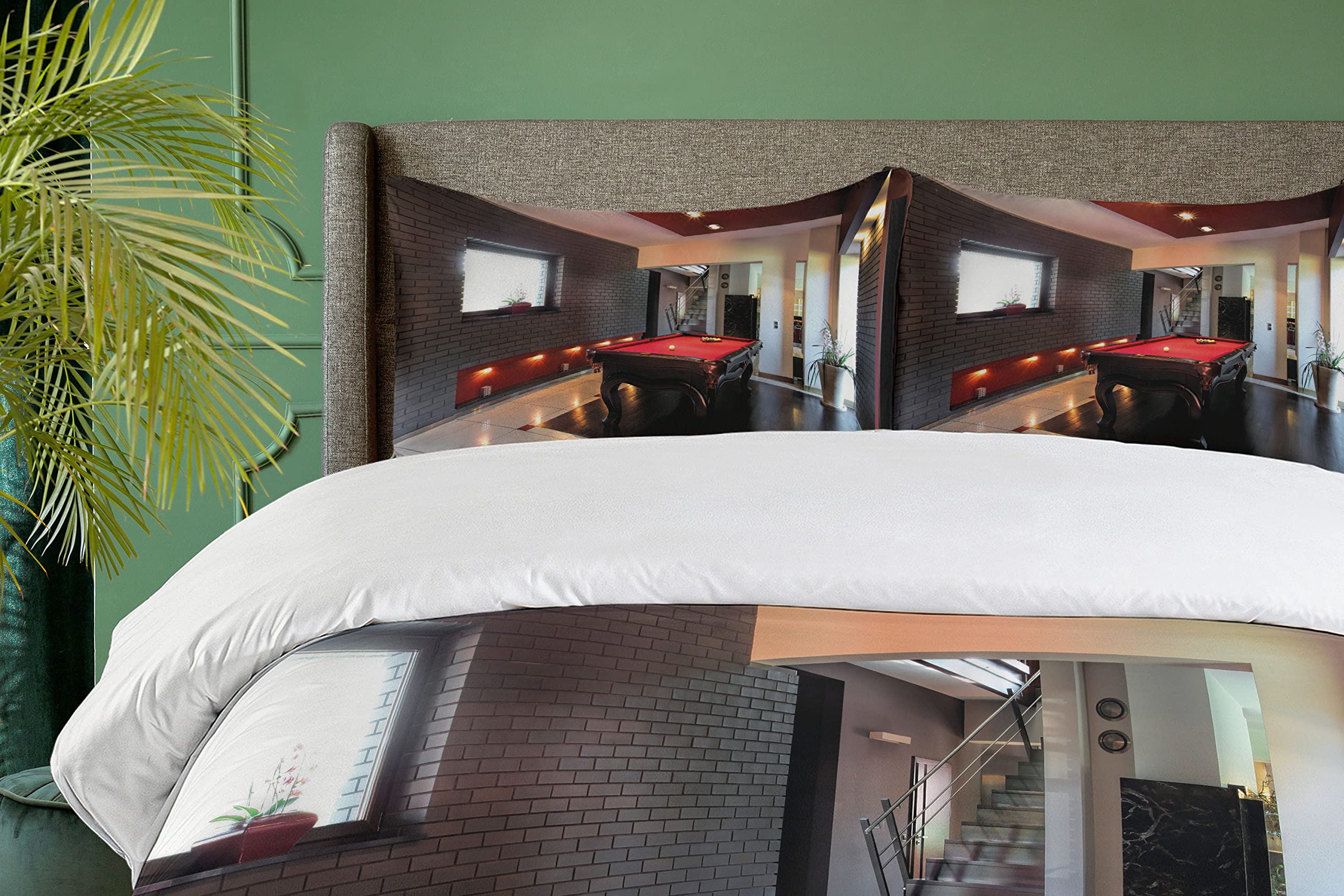 Ambesonne Modern Duvet Cover Set - Snooker Table & Pool Game Print 3-Piece Bedding Set with 2 Pillow Shams, California King Size, Red Brown White - Perfect for Game Rooms, Man Caves & Leisure Themed Bedrooms