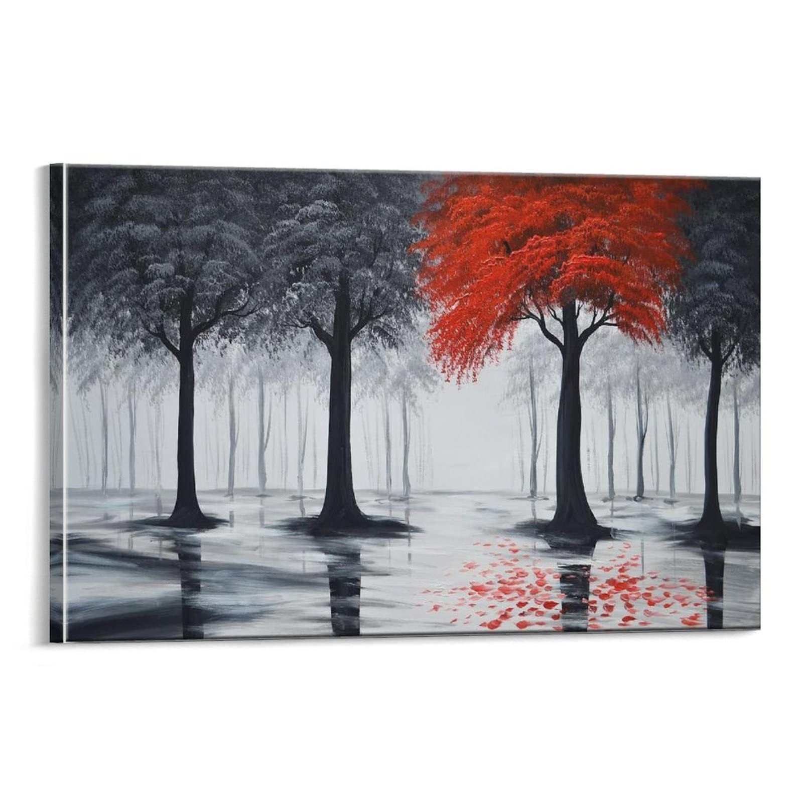 Hand Painted Large Black and Red Forest Oil Painting - Modern Abstract Landscape Canvas Art - Wall Decor for Living Room & Bedroom - 24x36 Inches - Perfect for Home Office, Dining Room, and Gallery Wall Display
