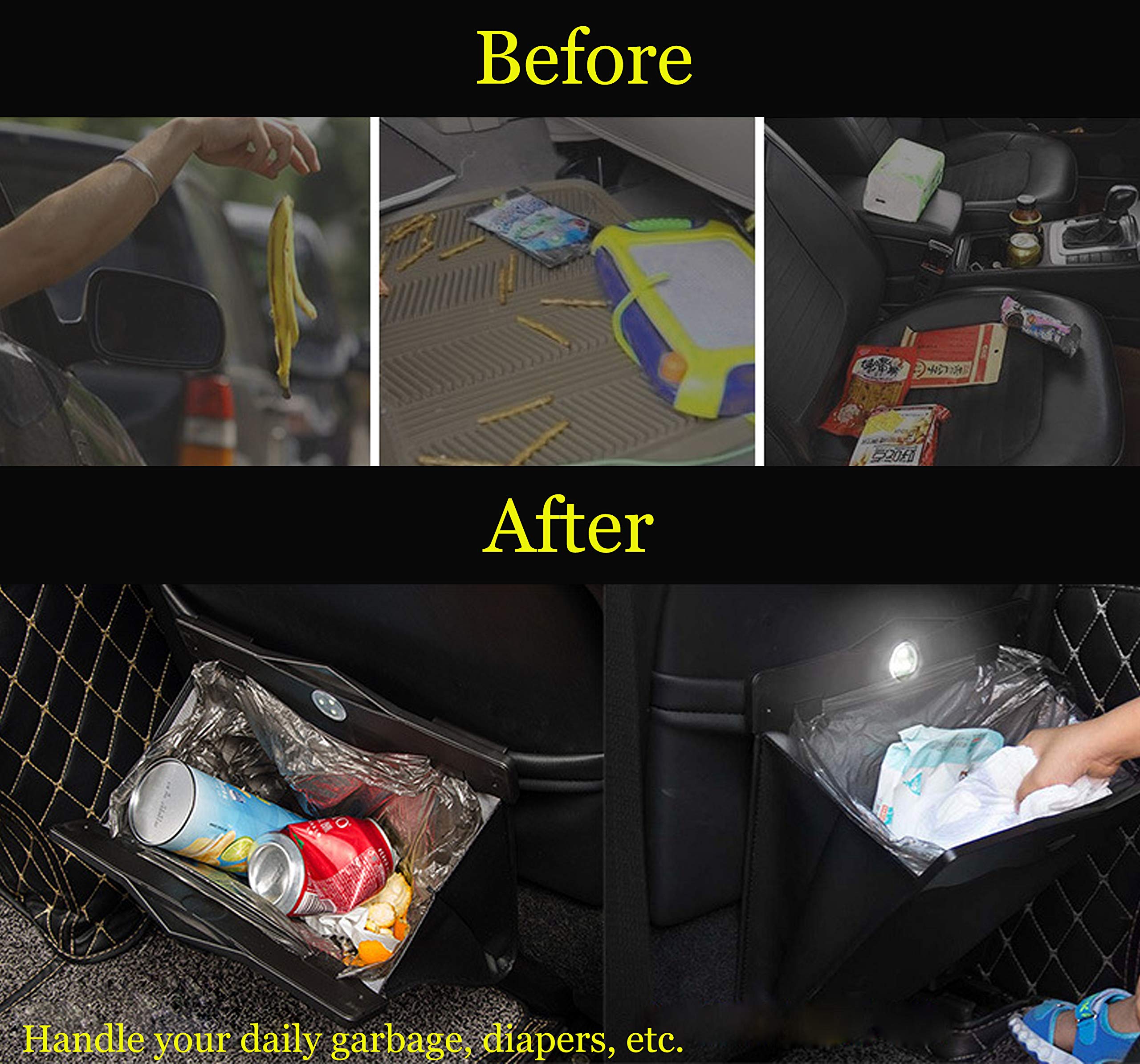 Premium Car Trash Bin with 50pcs Leak-Proof Trash Bags - LED Luxury Leather Garbage Can for Vehicles - Foldable Waterproof Auto Organizer (Khaki) - Ideal for Road Trips, Commuting & Family Travel