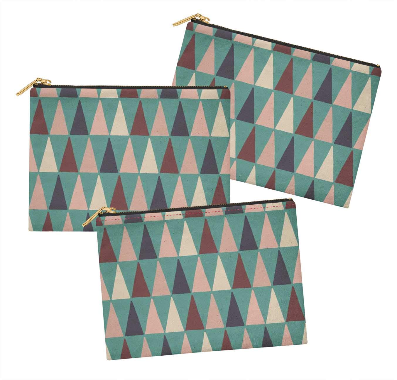 S4Sassy Blue Triangle Geometric Printed Makeup Cosmetic Bag - Pack of 3 (6x8 Inches) - Travel Toiletry Organizer & Coin Purse for Women | Perfect for Gym, Beach & Daily Essentials Storage