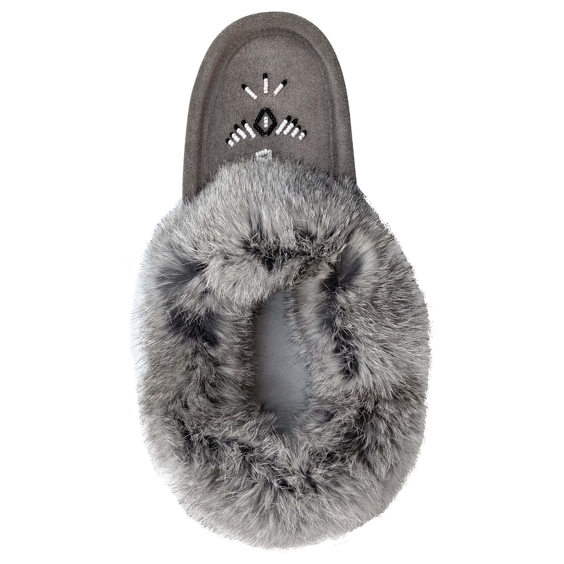 Laurentian Chief Women's Suede Slippers with Rabbit Fur Collar - Soft Sole Moccasins for Indoor Comfort & Cozy Home Wear