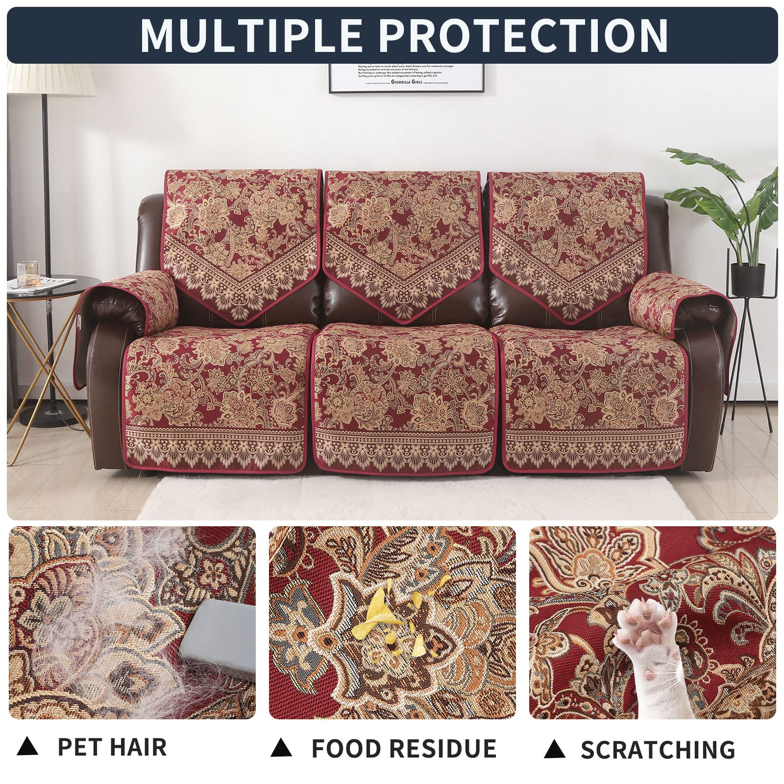 Waterproof Recliner Sofa Covers Non-Slip 3-Seater Jacquard Furniture Protector - Washable Split Design for Living Room, Home Theater & Family Room (Red)