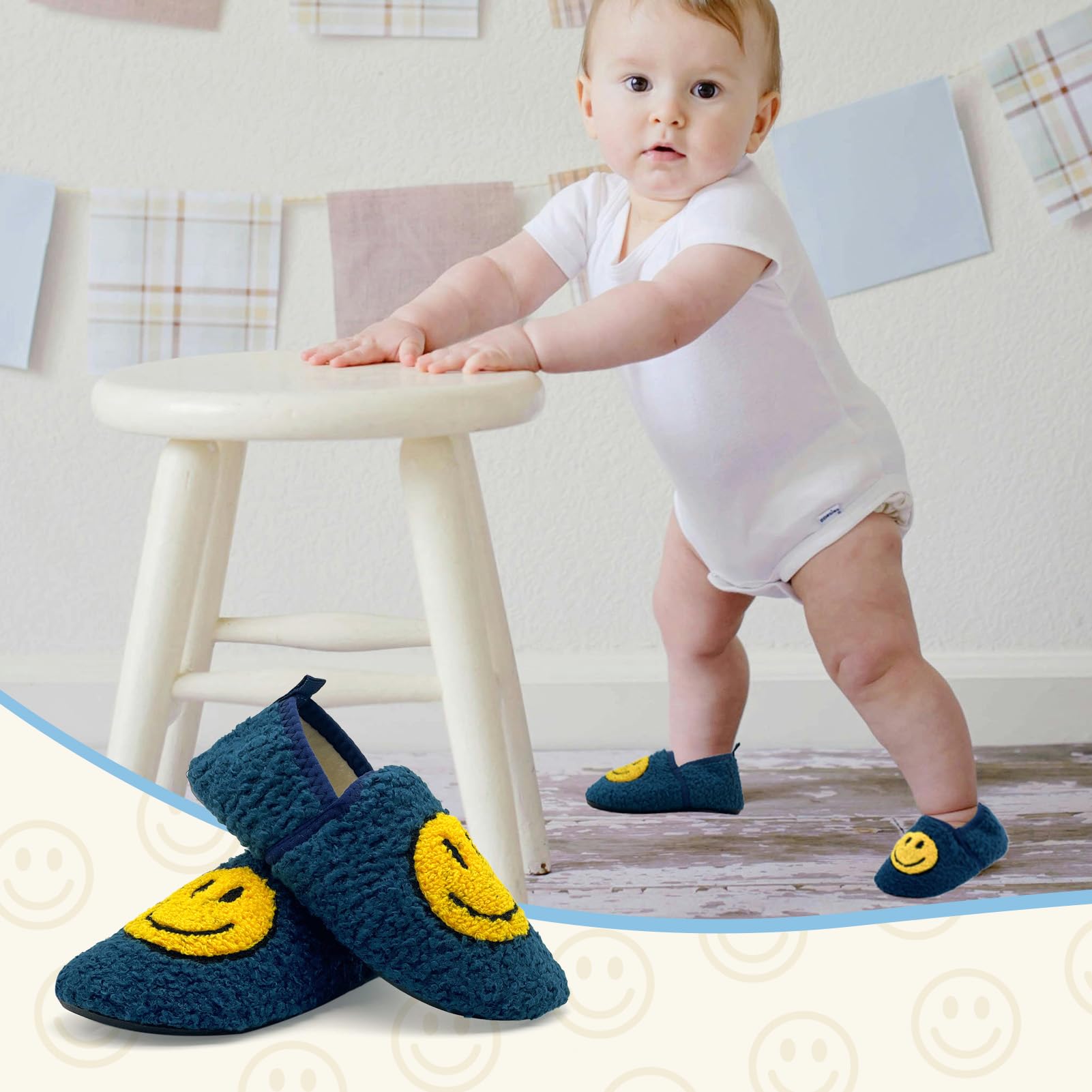 FUUPNN Retro Cute Smile Face Slippers for Toddler Boys & Girls - Soft Plush Fuzzy House Shoes with Non-Slip Memory Foam for Winter Warmth | Cozy Indoor/Outdoor Slippers for Kids' Bedroom, Playroom & Preschool