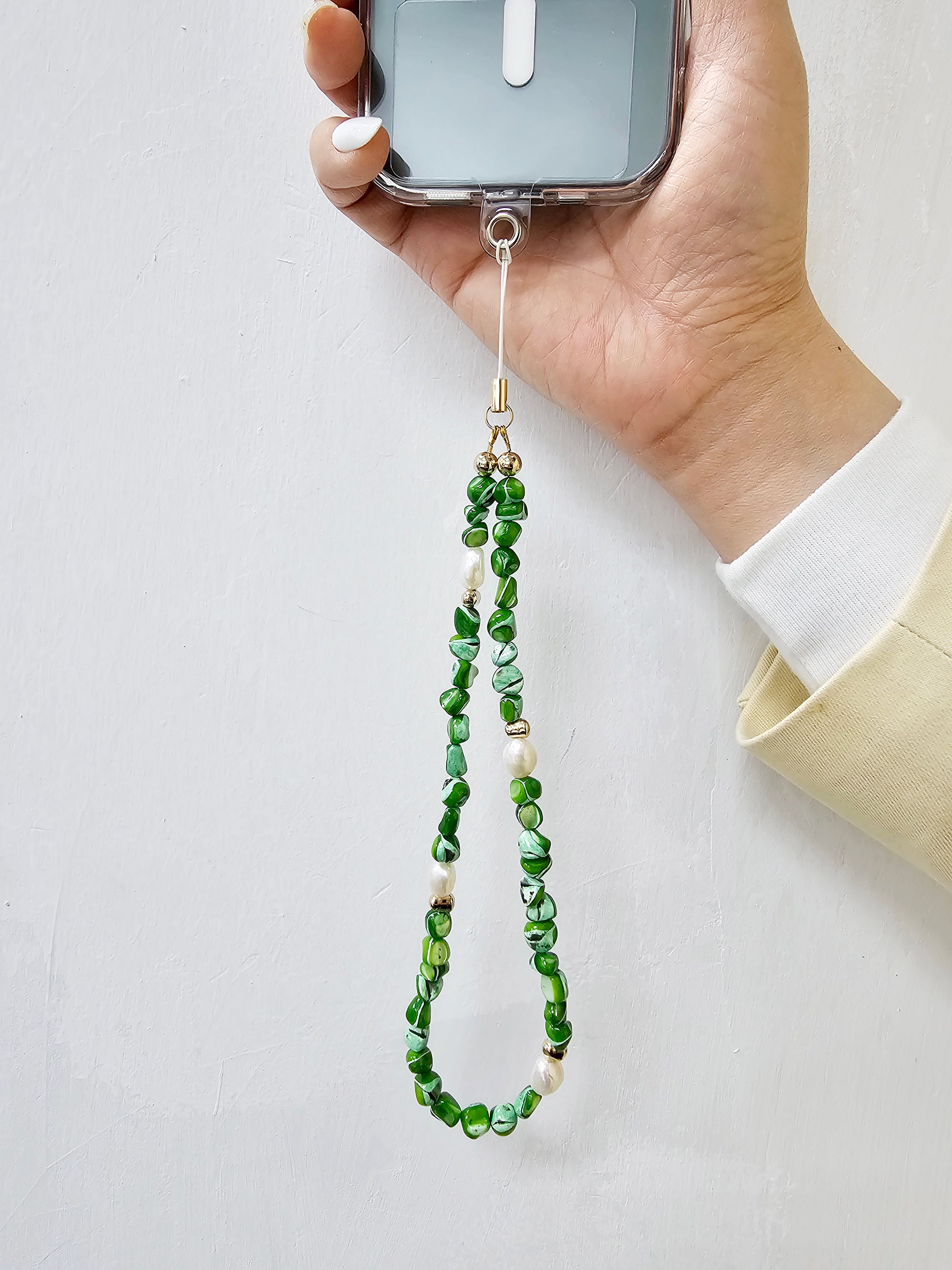 Elegant Green Shell & Freshwater Pearl Phone Strap PC011 - Perfect for Smartphones, Keys & Gift Giving