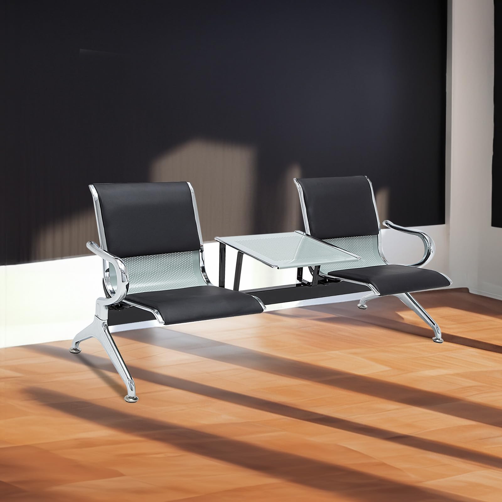 2-Seat PU Leather Waiting Room Chairs with Table & Armrests - Reception Bench for Office, Bank, Hospital, School, Barbershop & Airport - Black Chrome Metal Frame - Perfect for Lobby Seating, Patient Waiting Areas & Public Spaces