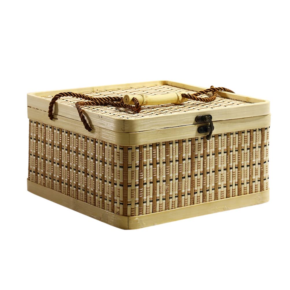 Woven Basket with Handle - Portable Square Storage Basket with Lid for Holiday Candy, Party Favors, Picnic & Home Decor | Perfect for Gifts, Serving & Organizing