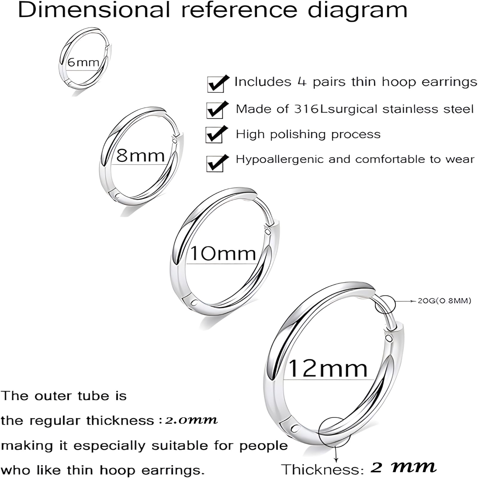 Hypoallergenic 316L Surgical Stainless Steel Huggie Hoop Earrings - 6mm 8mm 10mm 11mm 12mm 14mm Sizes - Cartilage Helix Lobe Earrings for Men & Women - Perfect for Everyday Wear, Gifts and Pierced Ear Jewelry Collection