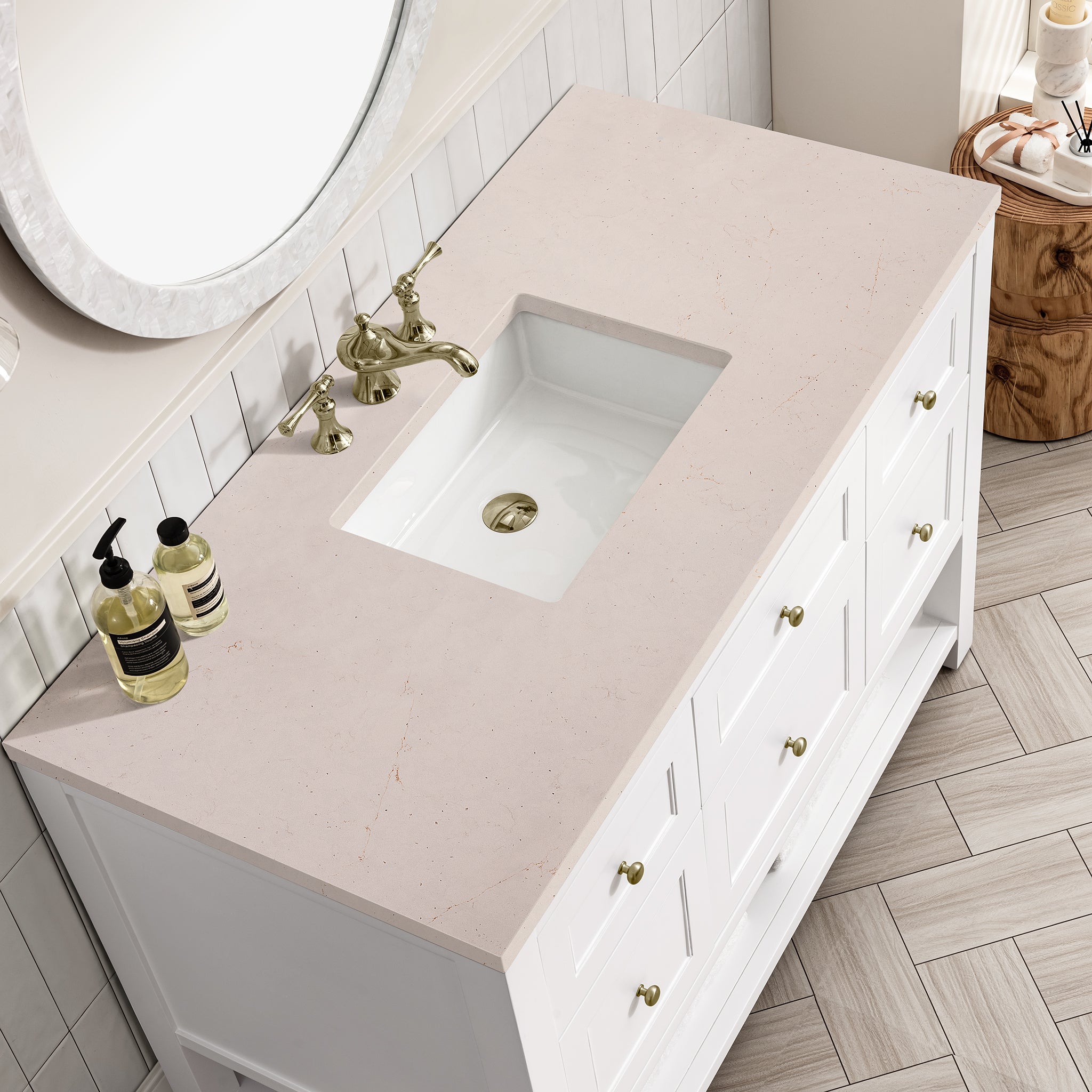 Breckenridge 48 Inch Single Bathroom Vanity Set with Bright White Finish & 3CM Eternal Marfil Stone Top - Perfect for Modern Master Bathrooms & Guest Powder Rooms