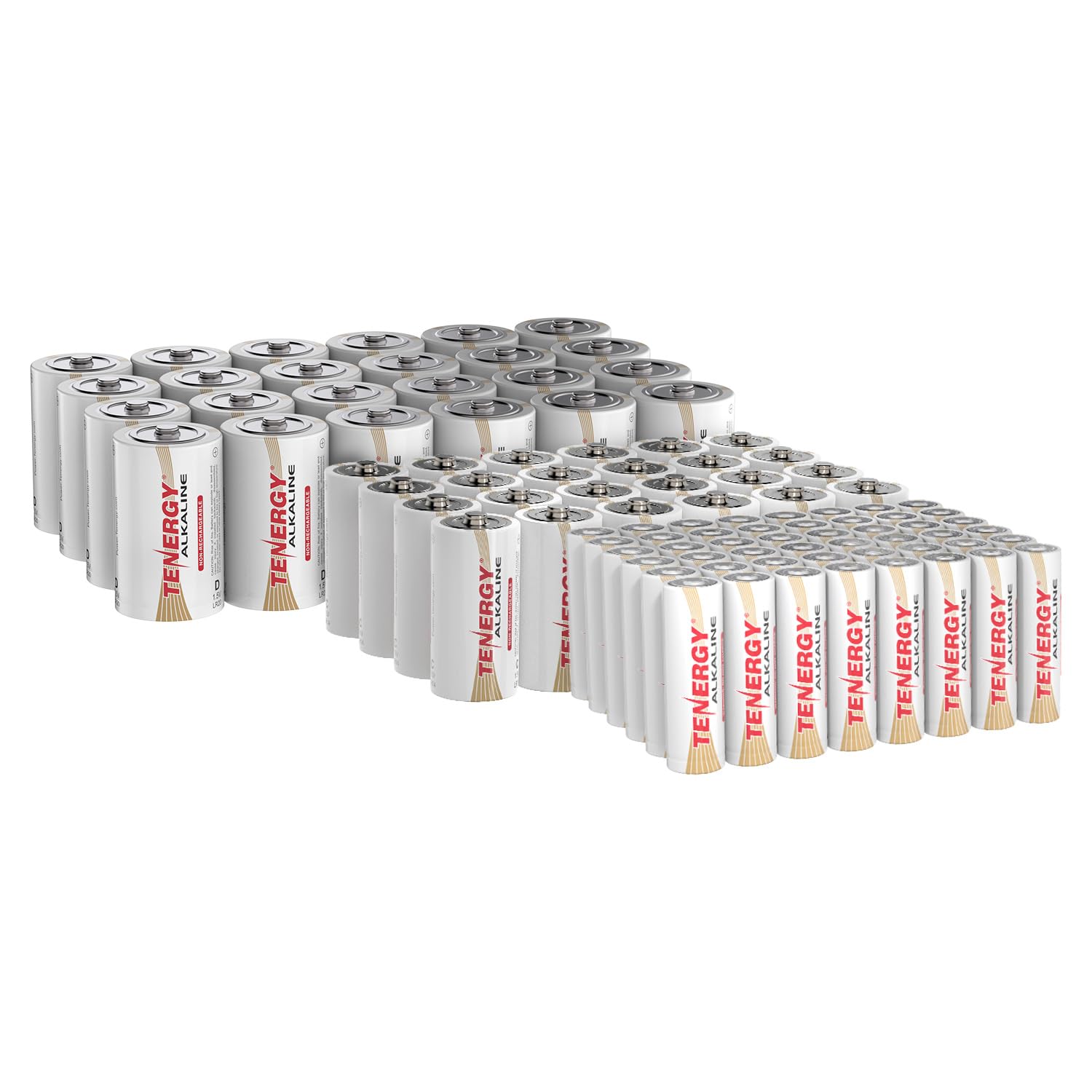 Tenergy 96-Pack Alkaline Batteries Bundle - 24 D Cell, 24 C Cell & 48 AA Batteries (1.5V) - Long-Lasting Power for Clocks, Remote Controls, Toys, Flashlights & Electronic Devices - Ideal for Home, Office & Emergency Use