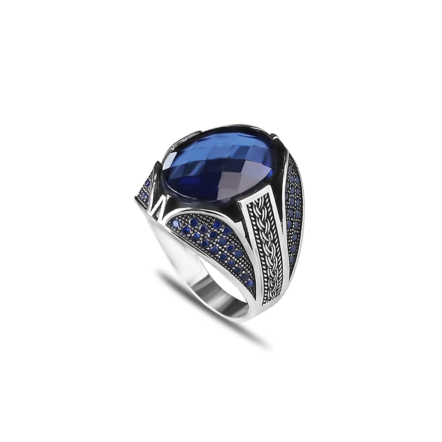 925 Sterling Silver Men's Ring with Genuine Sapphire Gemstone - Handmade Engraved Minimalist Band - Perfect Gift for Him, Anniversary, Wedding, or Special Occasion - Size 11