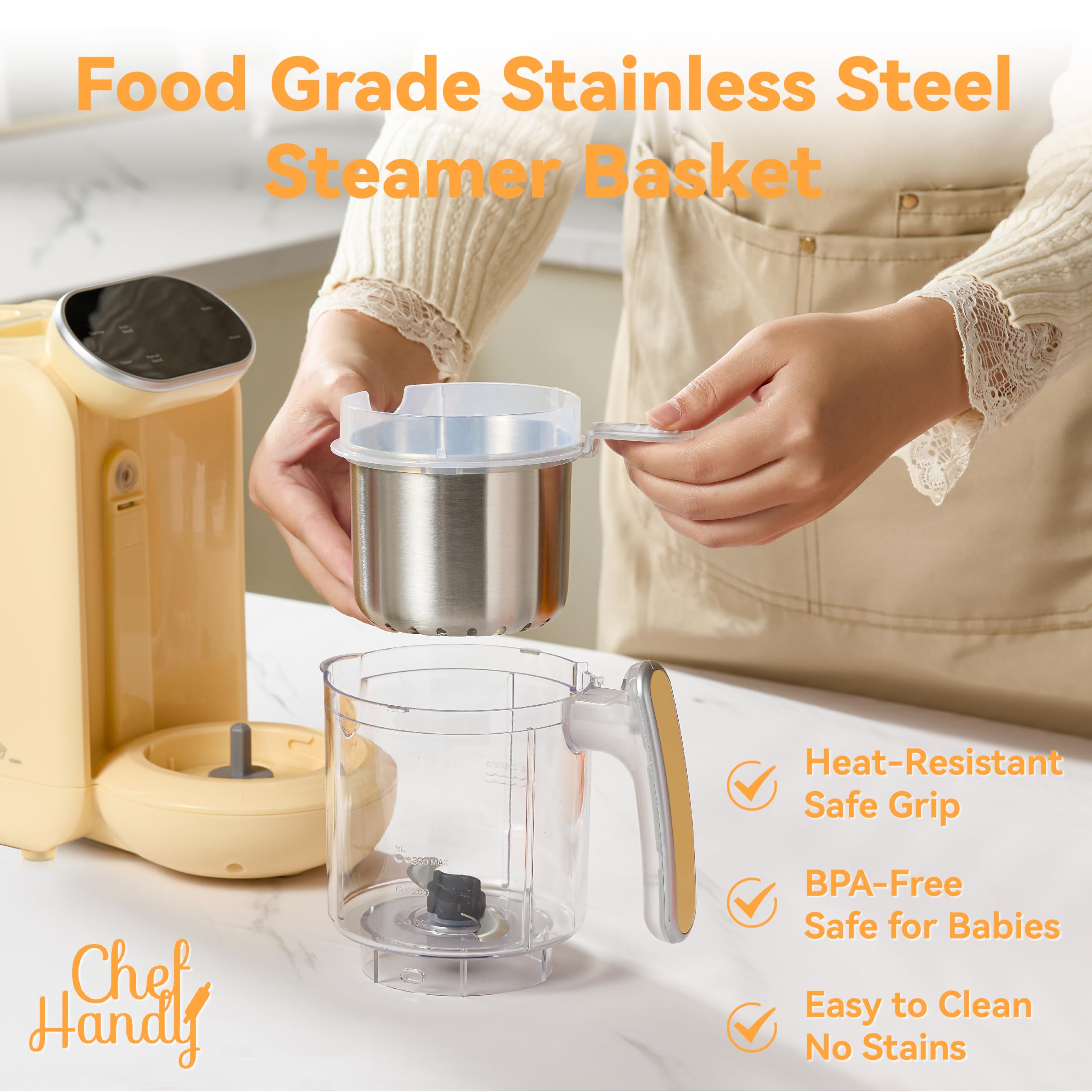 Chefhandy 5-in-1 Baby Food Maker & Bottle Warmer - Stainless Steel Steamer, Blender, Puree Maker with Auto Cooking & Touchscreen (Yellow) | Perfect for Homemade Baby Food Prep & Quick Bottle Warming