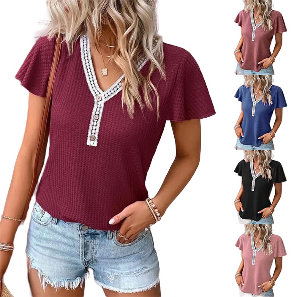 Women's Waffle Knit Crochet Embellished Collar Cap Sleeve Boho Summer Top - V-Neck Loose Fit T-Shirt for Casual Outings & Beach Vacations