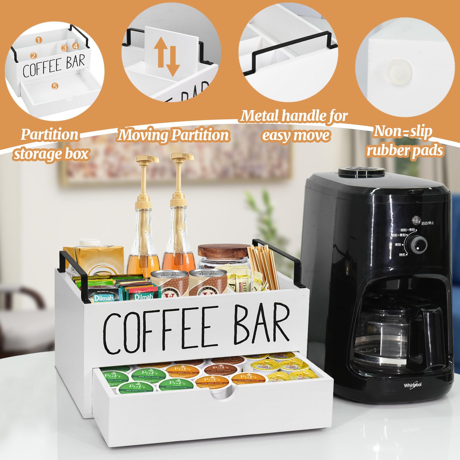Wooden Coffee Station Organizer with Drawer - Farmhouse Style K-Cup Pod Holder & Storage Box with Handle - Perfect for Coffee Bar Decor & Kitchen Counter Organization - Ideal for Home, Office, or Cafe Use