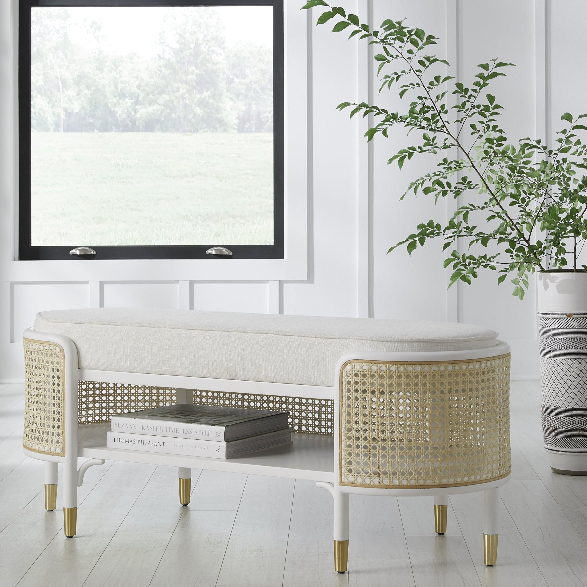 Beale Colonial Style White Bench With Cane Accents - Elegant Home Decor for Living Room, Bedroom, or Entryway