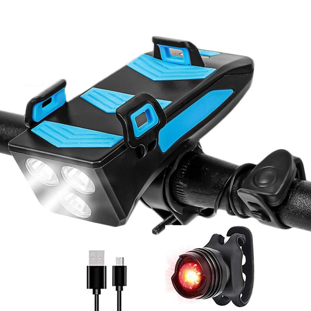 BESTSUN 4-in-1 USB Rechargeable Bike Light Set - Waterproof Bicycle Headlight with Power Bank, Phone Mount & Horn - 3 Mode Front Light & Taillight for Mountain & Road Bikes | Perfect for Night Cycling, Commuting & Outdoor Adventures