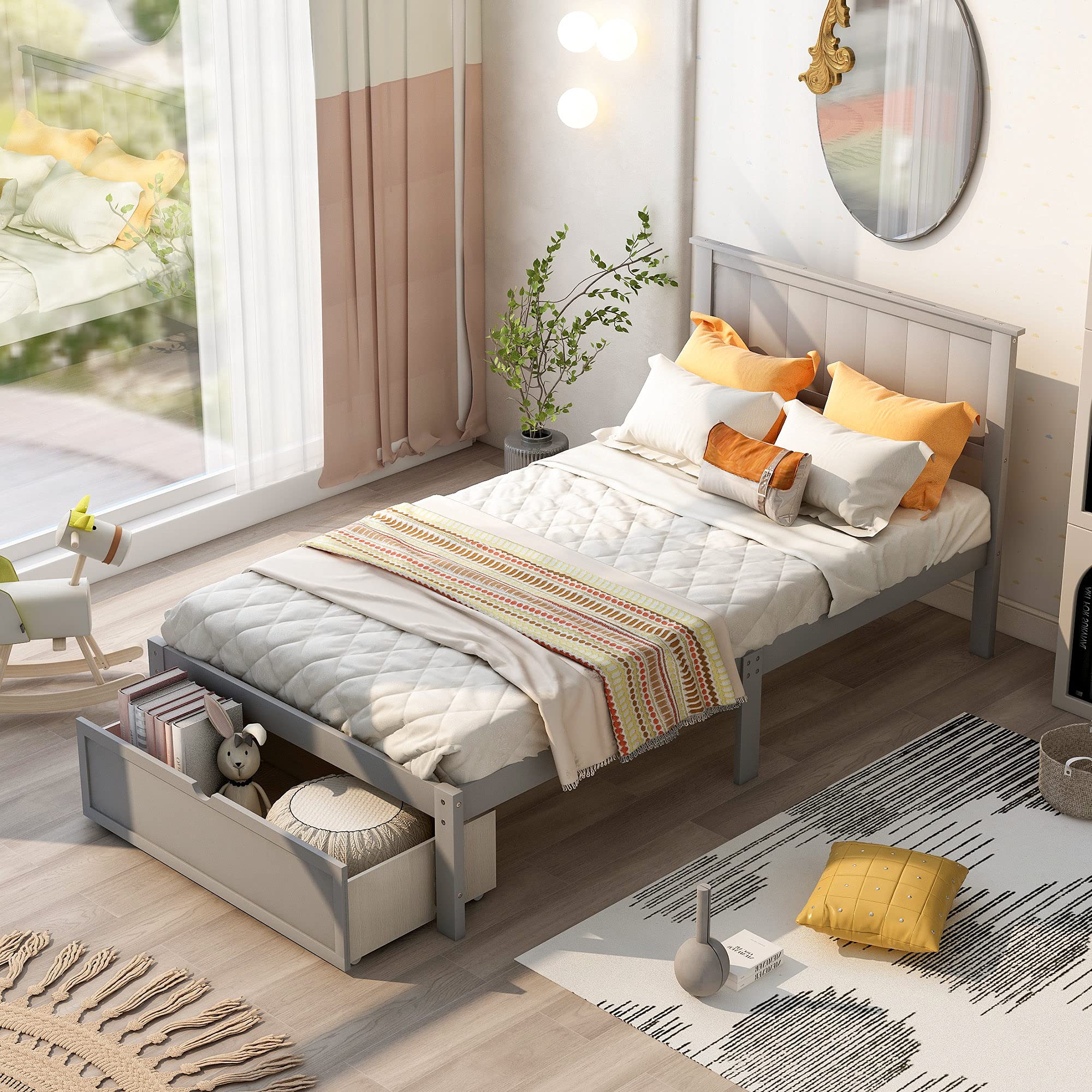 Platform Twin Size Bed Frame with Storage Drawer & Headboard - Solid Wood Platform Bed with Wooden Slat Support - No Box Spring Needed - Perfect for Kids Bedroom, Guest Room or Small Spaces (Gray)