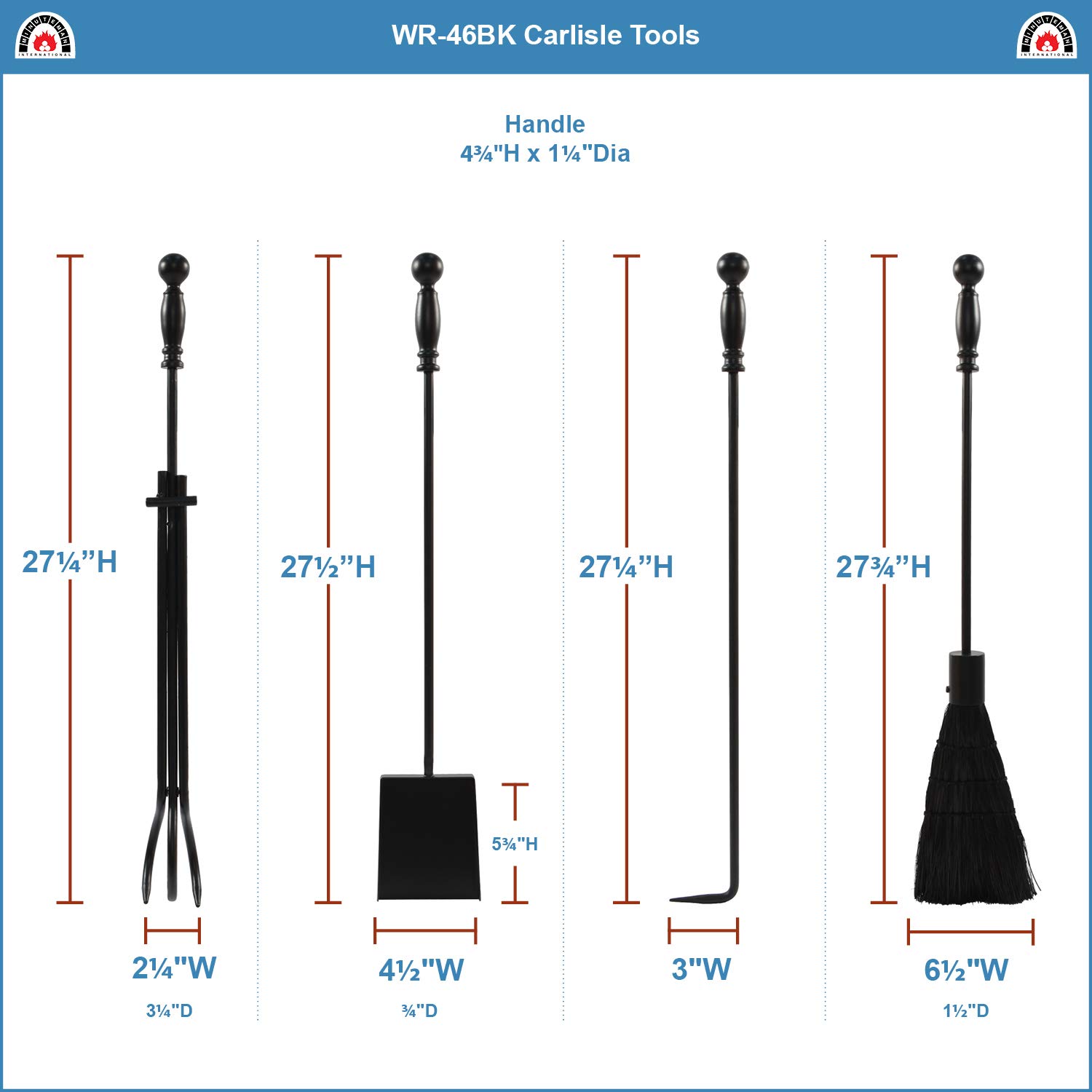 Carlisle All Black Fireplace Tool Set - 5-Piece Heavy Duty Steel Fireplace Accessories with Stand for Indoor & Outdoor Use - Perfect for Fire Pits, Wood Stoves, and Home Decor