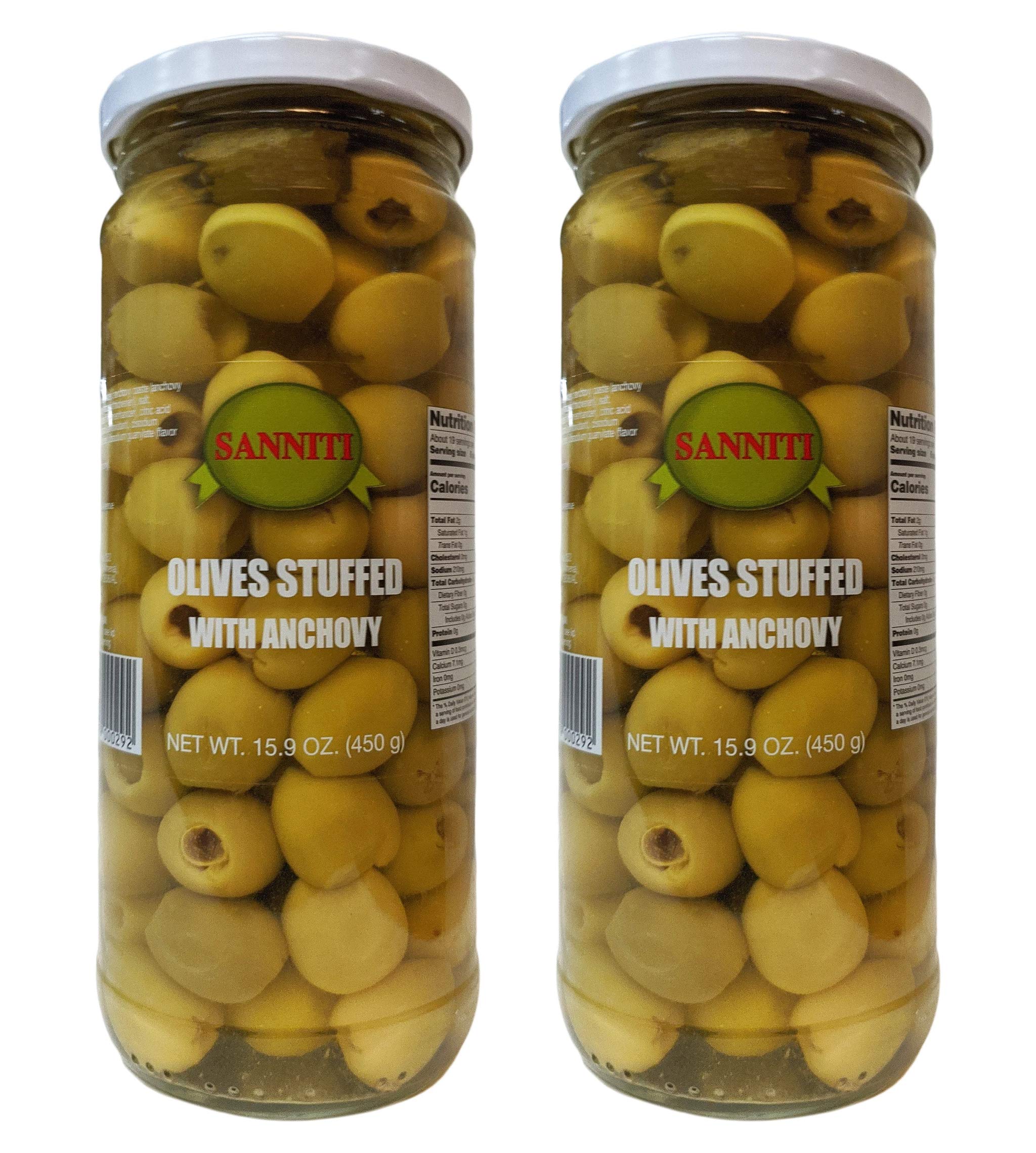 Premium Sanniti Anchovy Stuffed Olives - 15.9 oz (Pack of 2) | Gourmet Mediterranean Appetizer, Charcuterie Board Essential & Party Snack