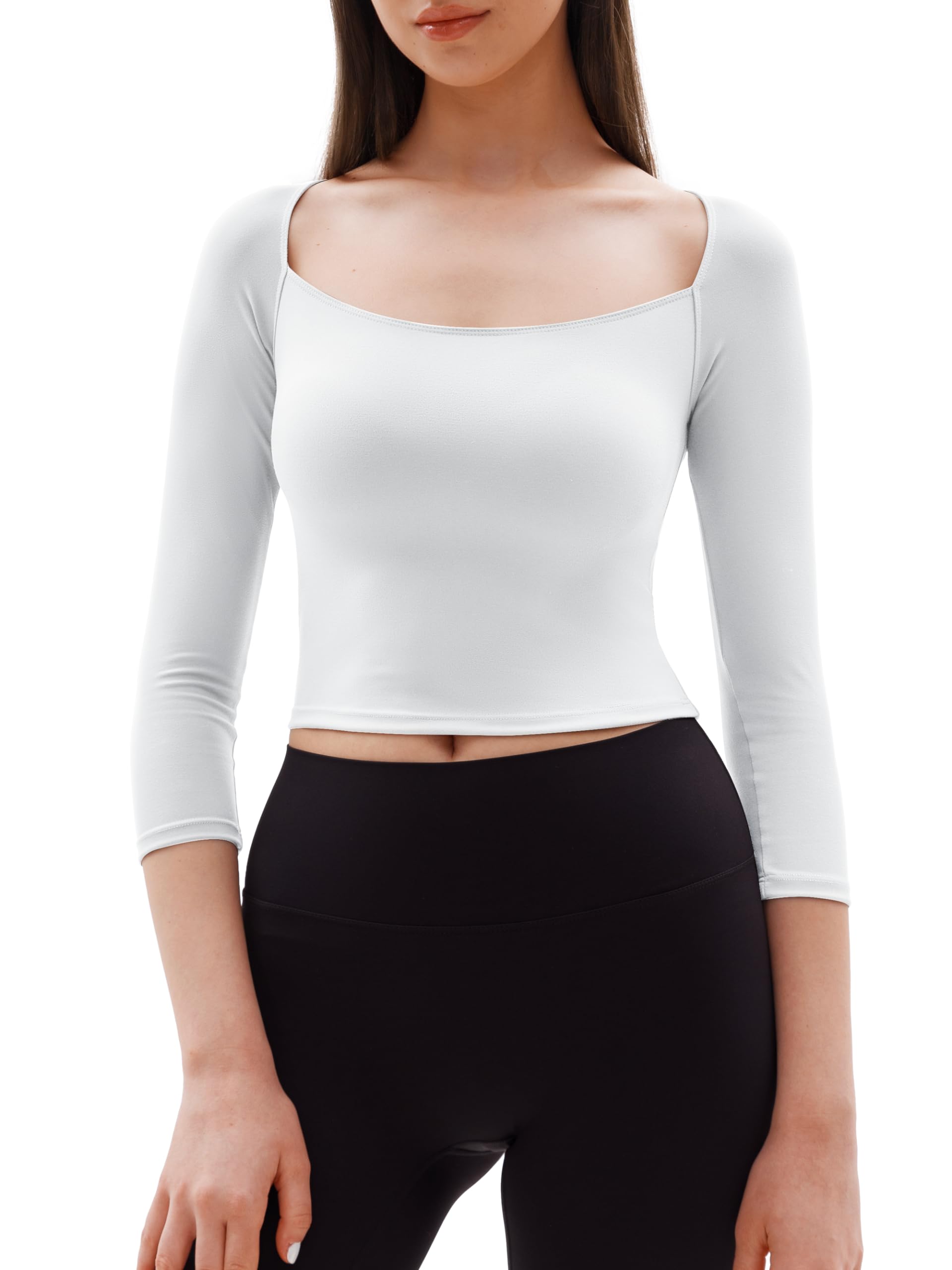 Women's 3/4 Sleeve Square Neck Backless Crop Top - Athletic Yoga Shirt for Workouts, Gym & Summer Fashion - Breathable Stretchy Workout Tee for Yoga, Running & Casual Wear