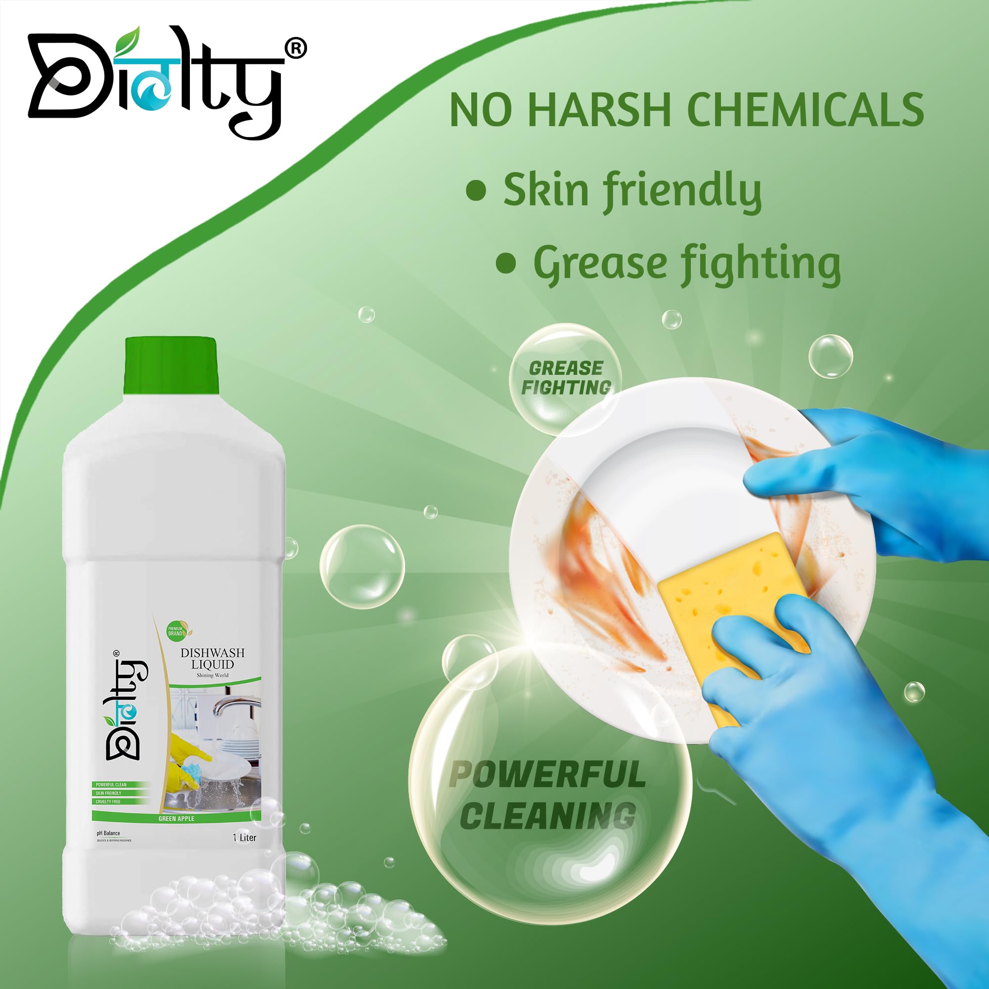 Diolty Lemon Scented Dishwashing Liquid Gel - 1L Grease Cleaner for All Utensils | Eco-Friendly Kitchen & Household Cleaning Solution (Green Apple Fragrance)
