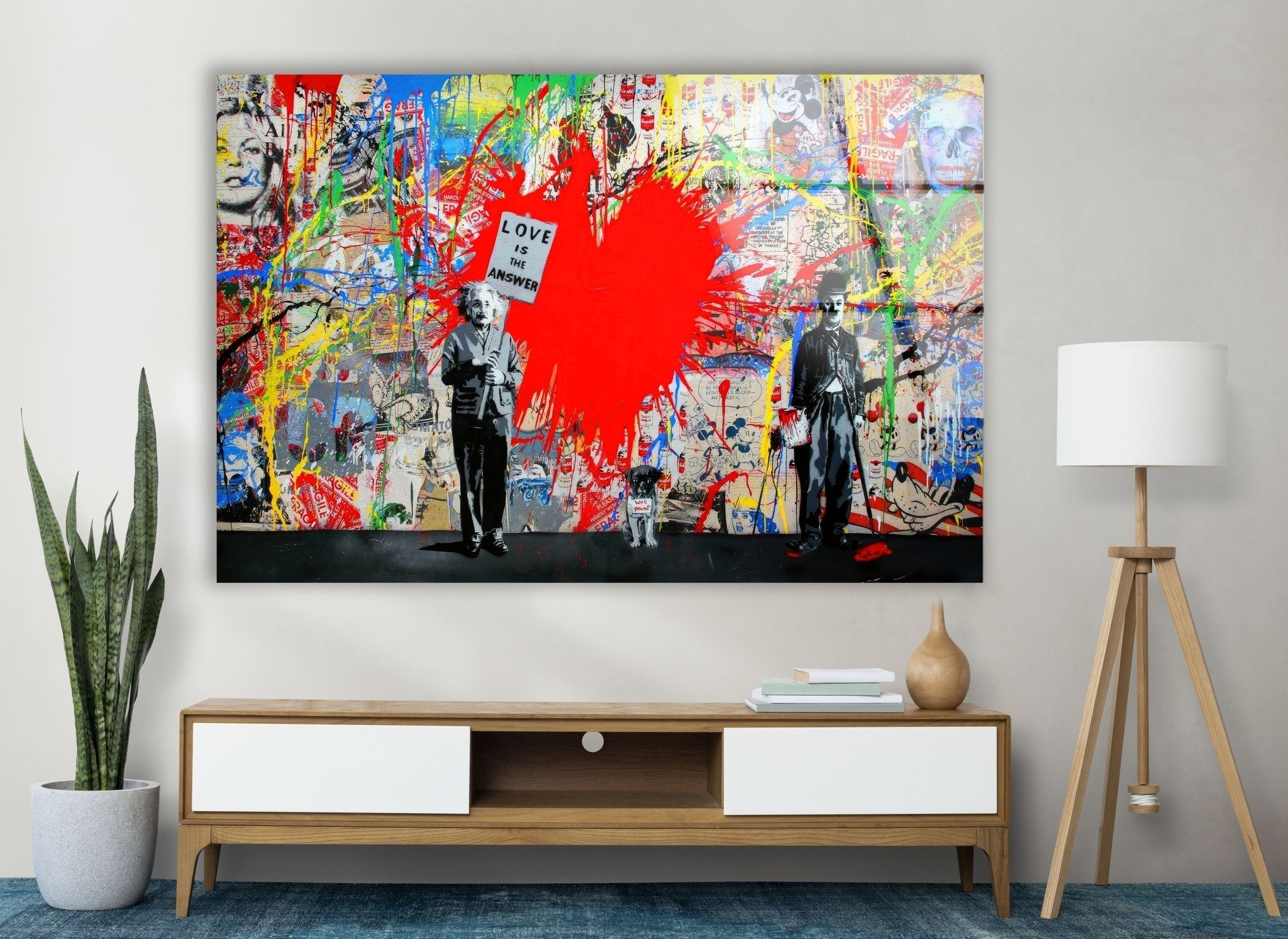 Banksy Einstein Love is the Answer Glass Wall Art - Modern Home Decor for Living Room, Bedroom & Office