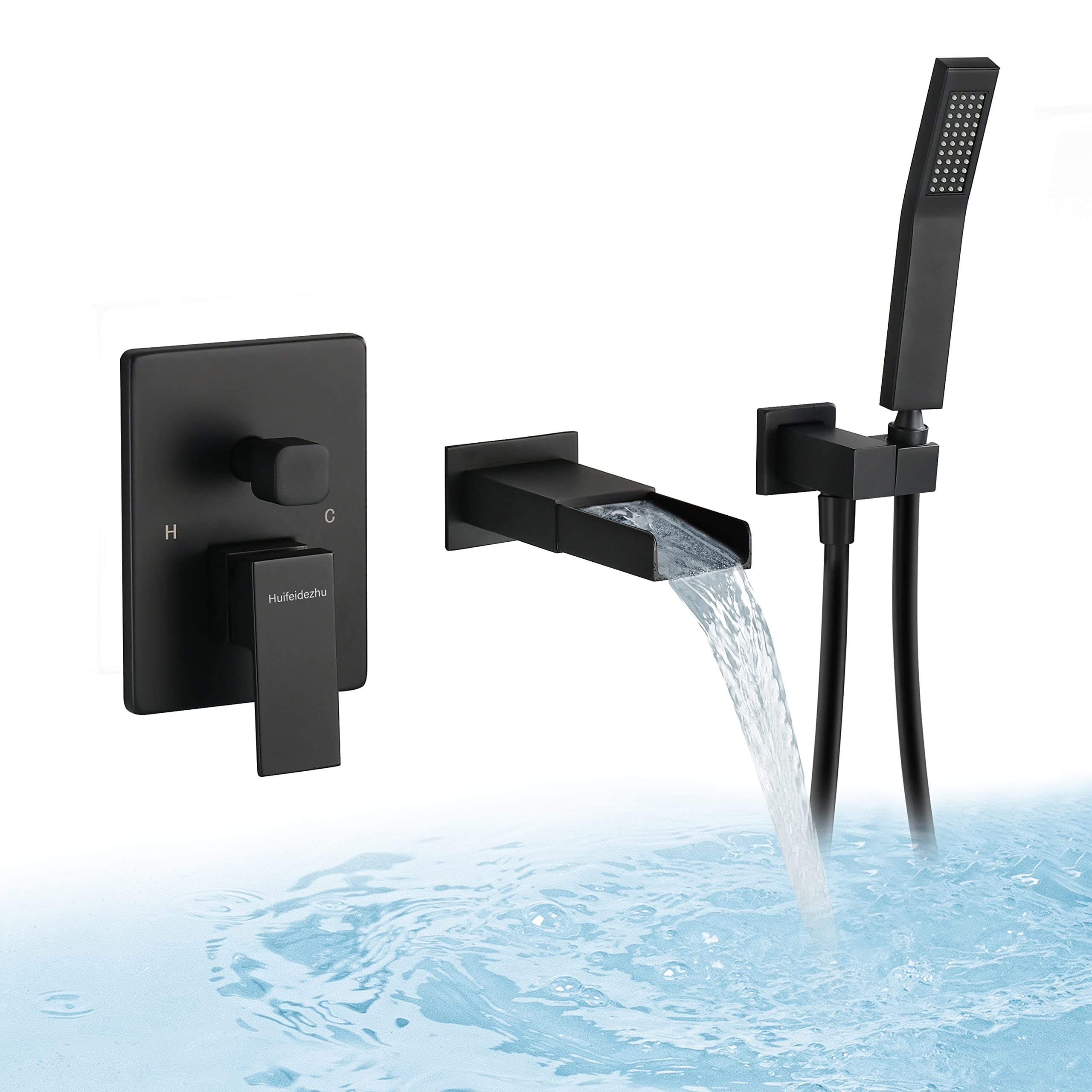 Wall Mount Black Waterfall Bathtub Faucet with Hand Shower Sprayer - Single Handle Brass Tub Filler with Valve for Modern Bathroom Luxury (Perfect for Spa-Like Relaxation and Elegant Bathroom Upgrades)