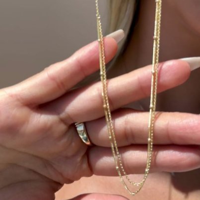 14K Solid Yellow Gold Beaded & Cuban Double Layer Chain Necklace - Elegant Layered Necklace for Women, Perfect for Parties, Weddings & Everyday Wear