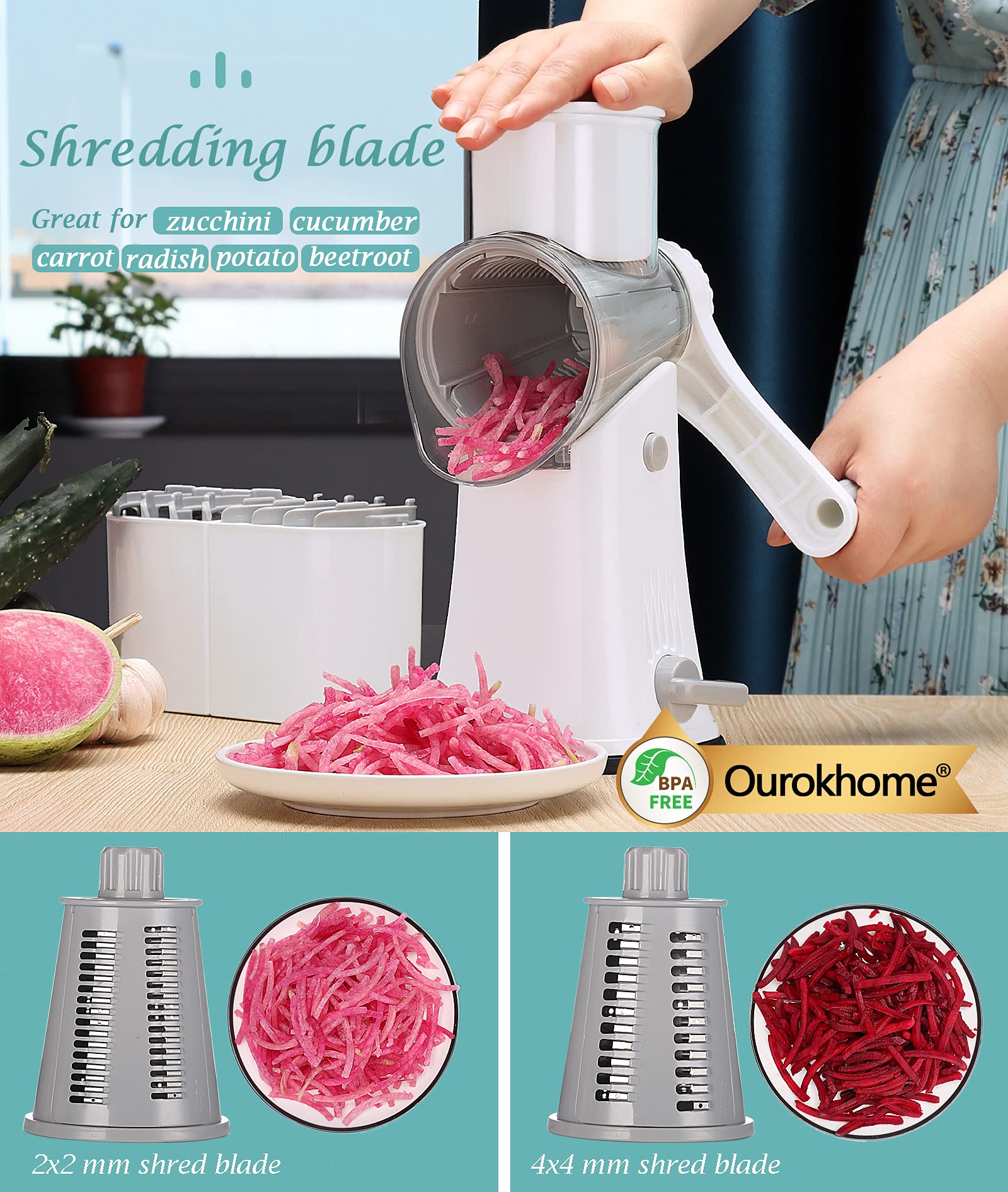 5-in-1 Rotary Cheese Grater Shredder - Manual Kitchen Mandolin Slicer for Cheese, Vegetables, Nuts & More | Perfect for Grating Parmesan, Shredding Carrots, Slicing Cucumbers & Making Hash Browns | Ideal for Home Cooking, Meal Prep & Salad Making