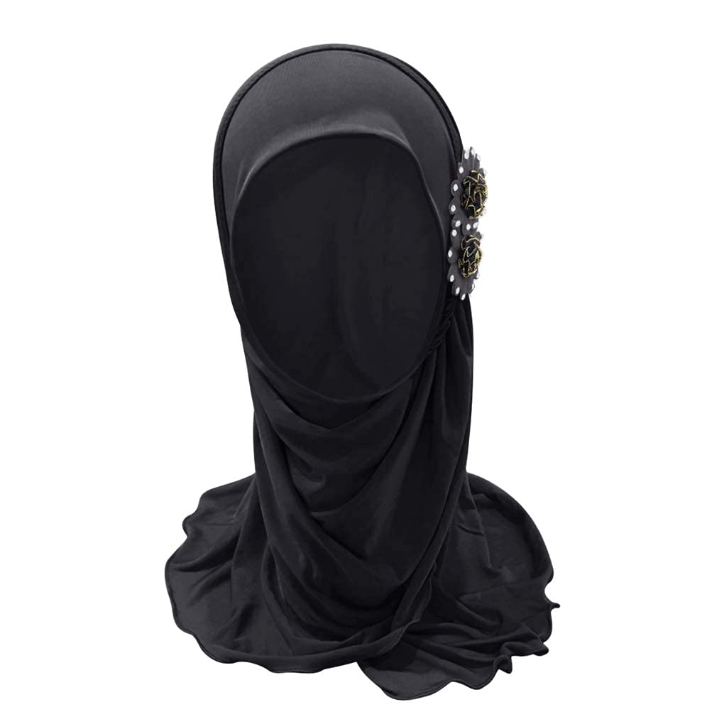 Girls Muslim Hijab Floral Lace Head Scarf - Islamic Arab Shawl for Kids with Flower Design - Perfect for School, Prayer & Special Occasions