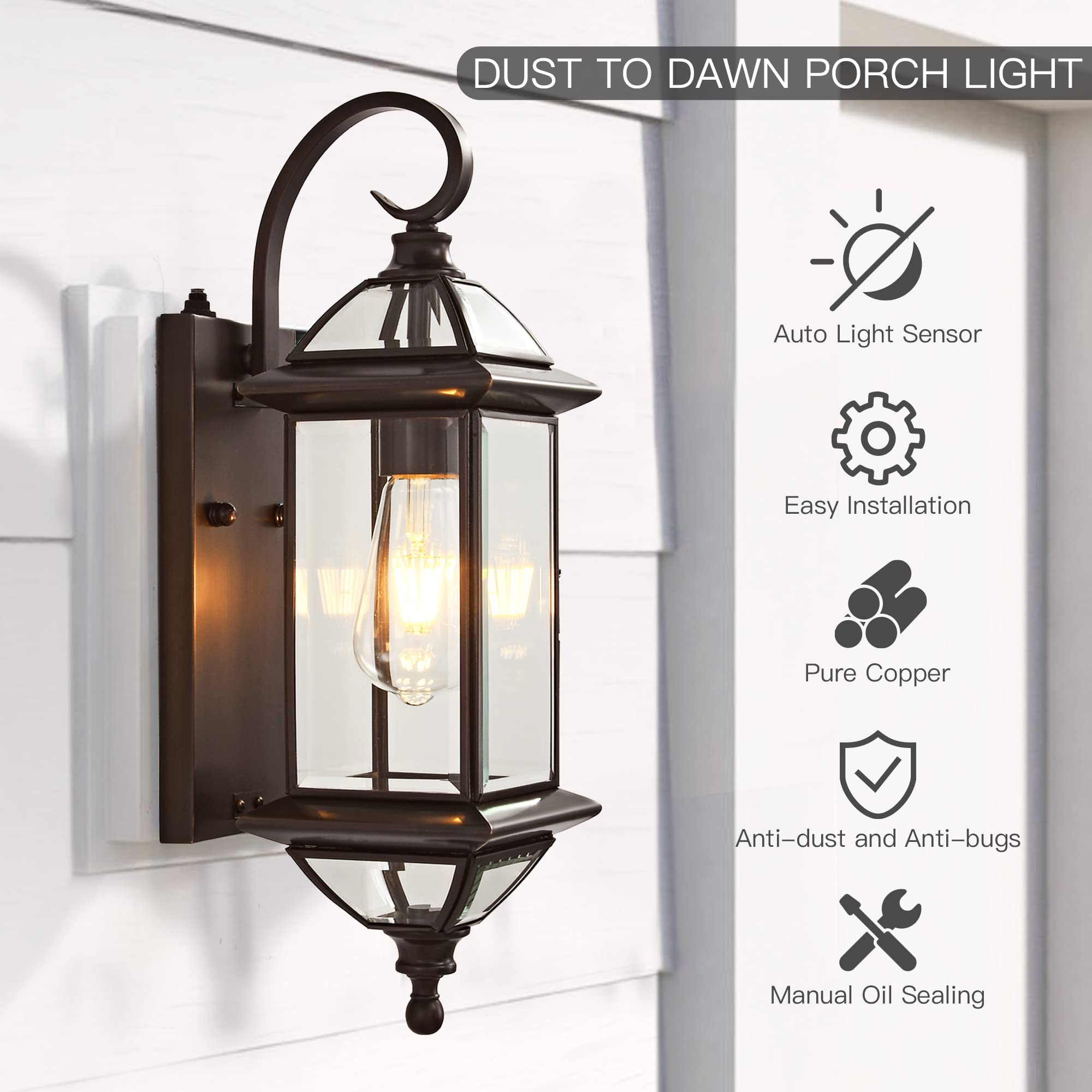 18.5'' Copper Dusk to Dawn Outdoor Wall Light Fixture - Oil Rubbed Bronze Exterior Porch Light with E26 Socket (1 Pack) | Perfect for House, Garage, Patio & Outdoor Wall Mount Lighting