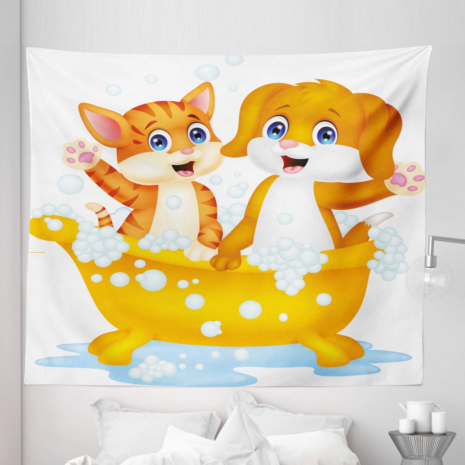 Ambesonne King Size Animal Tapestry - Cartoon Cat and Dog in Bathtub with Bubbles Wall Hanging, 104x88 Inch Yellow Brown Blue Bedspread for Bedroom Wall Decor | Perfect for Kids Room, Dorm, Living Room & Home Decoration